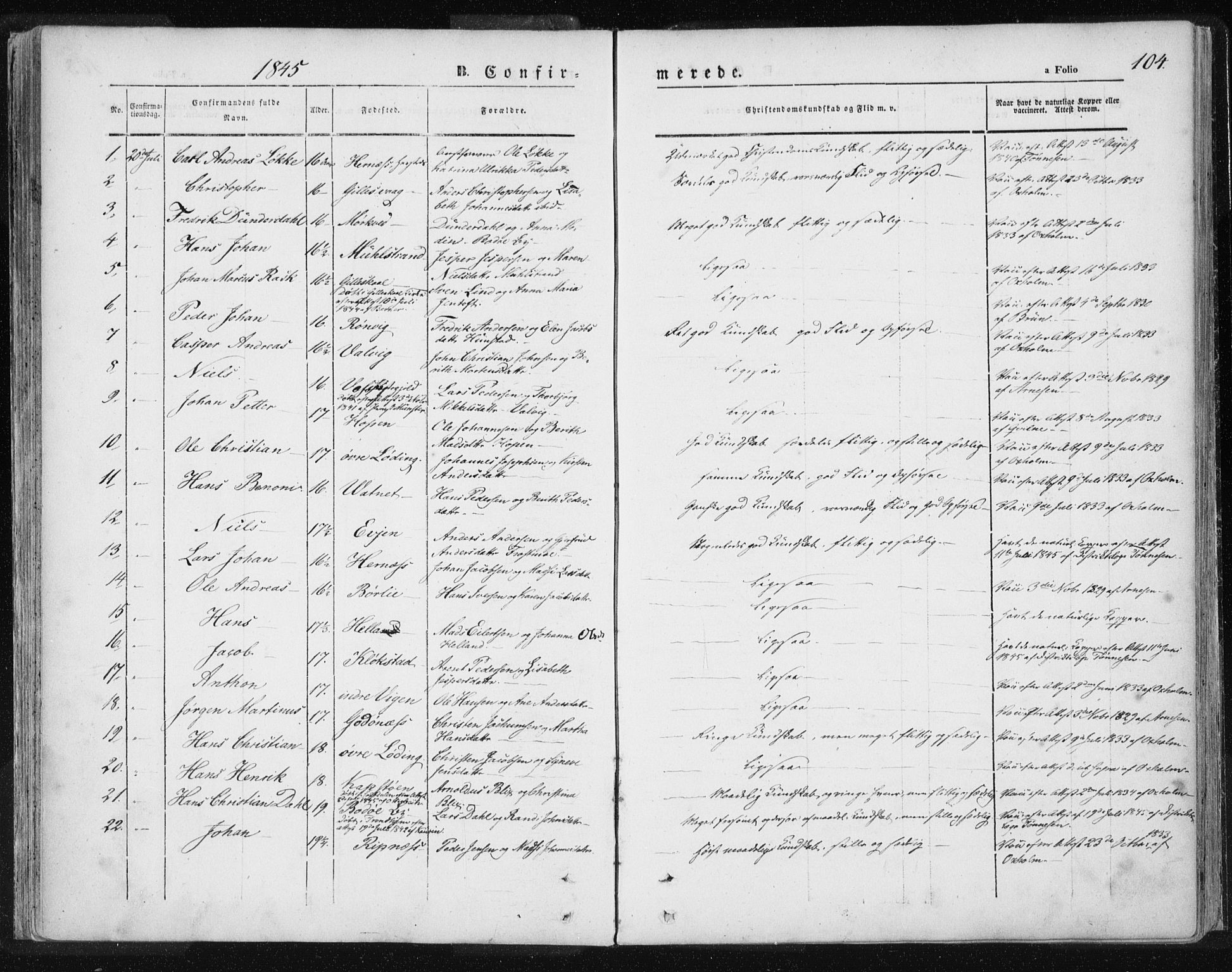 Ministerialprotokoller, klokkerbøker og fødselsregistre - Nordland, SAT/A-1459/801/L0007: Parish register (official) no. 801A07, 1845-1863, p. 104