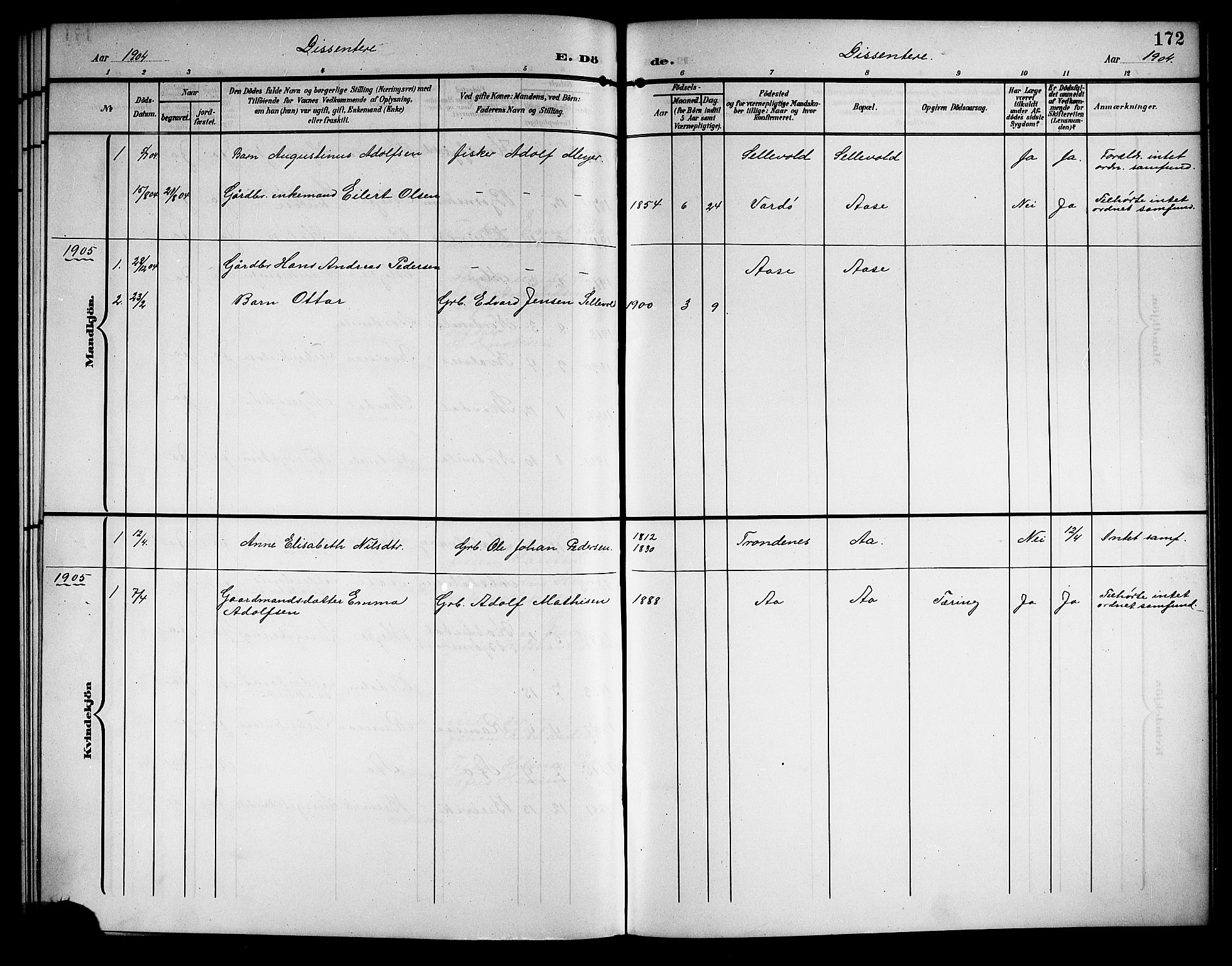 Ministerialprotokoller, klokkerbøker og fødselsregistre - Nordland, AV/SAT-A-1459/897/L1414: Parish register (copy) no. 897C04, 1904-1915, p. 172