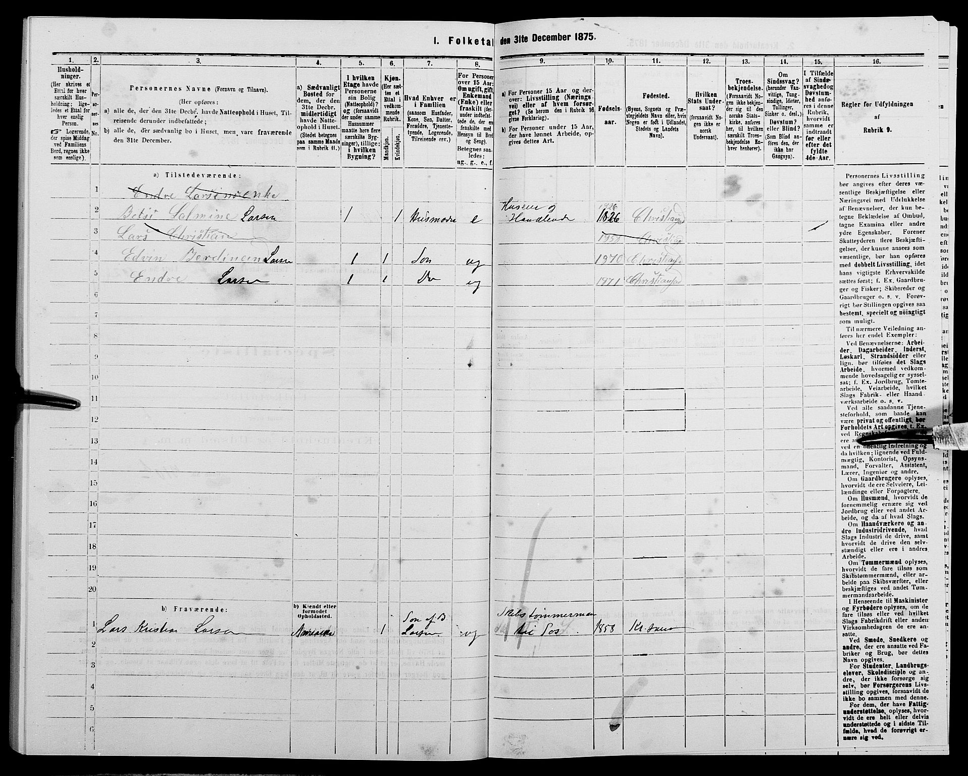 SAK, 1875 census for 1001P Kristiansand, 1875, p. 1208