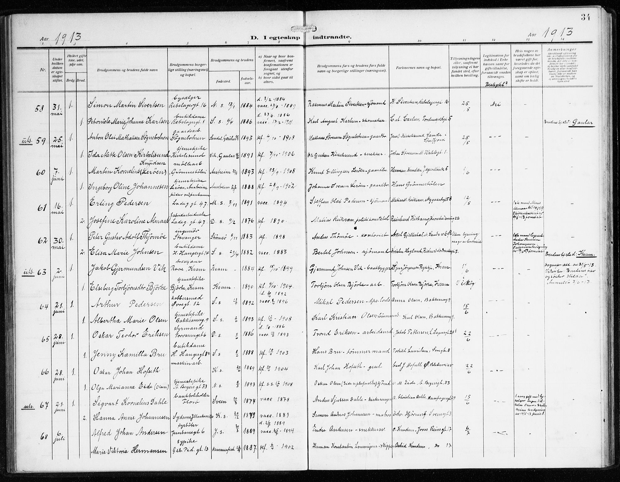 Sandviken Sokneprestembete, SAB/A-77601/H/Ha/L0015: Parish register (official) no. D 2, 1911-1923, p. 34