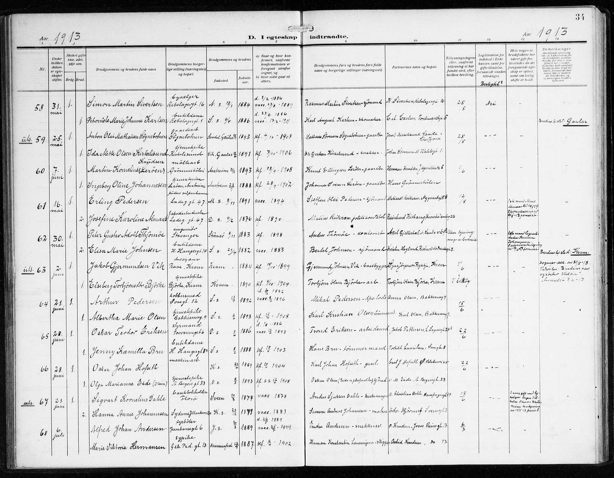 Sandviken Sokneprestembete, AV/SAB-A-77601/H/Ha/L0015: Parish register (official) no. D 2, 1911-1923, p. 34