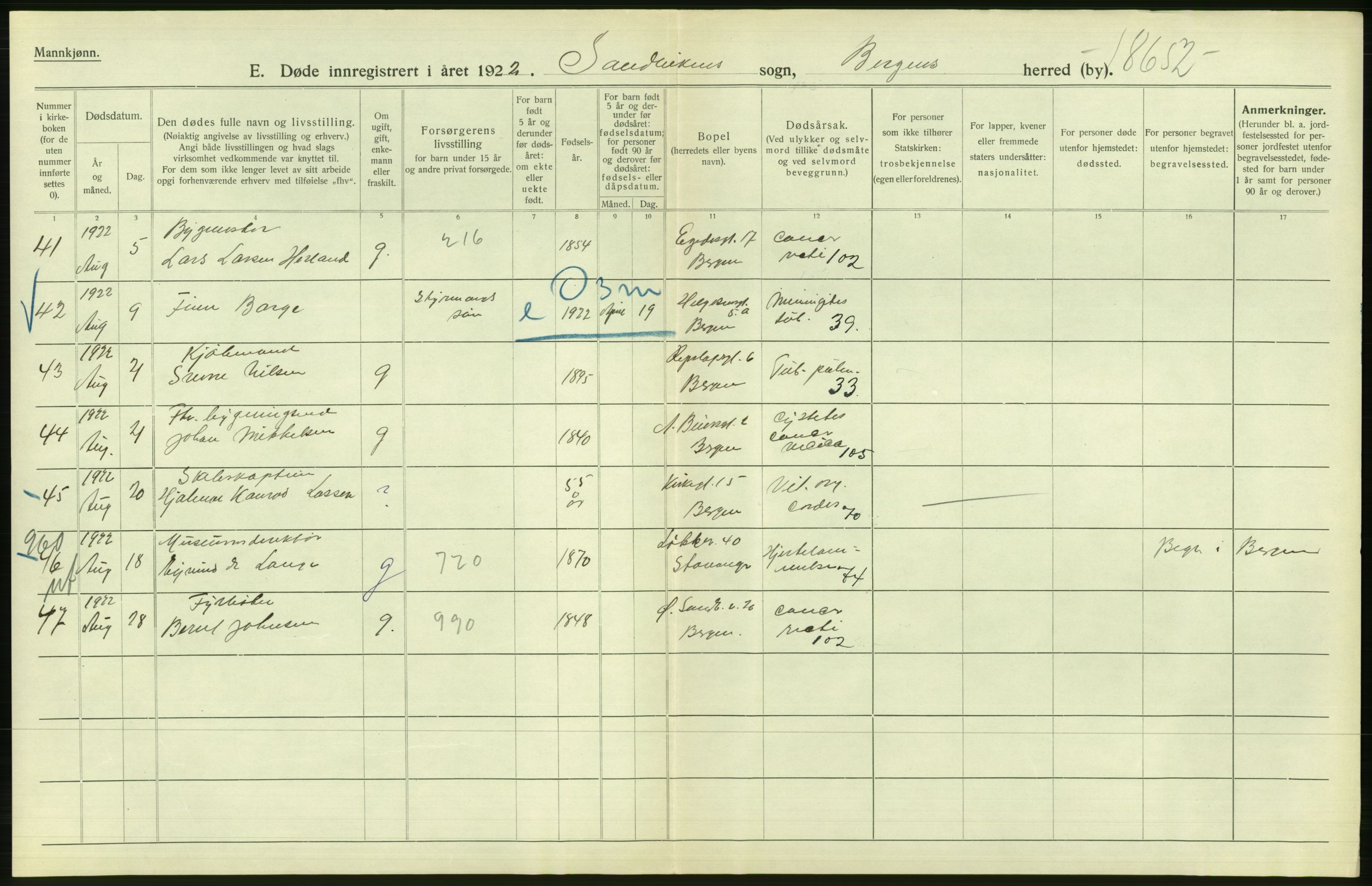 Statistisk sentralbyrå, Sosiodemografiske emner, Befolkning, AV/RA-S-2228/D/Df/Dfc/Dfcb/L0030: Bergen: Gifte, døde, dødfødte., 1922, p. 532