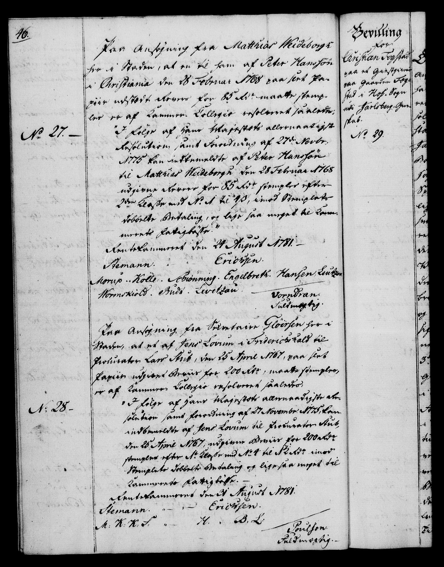 Rentekammeret, Kammerkanselliet, AV/RA-EA-3111/G/Gg/Gga/L0012: Norsk ekspedisjonsprotokoll med register (merket RK 53.12), 1781-1783, p. 46