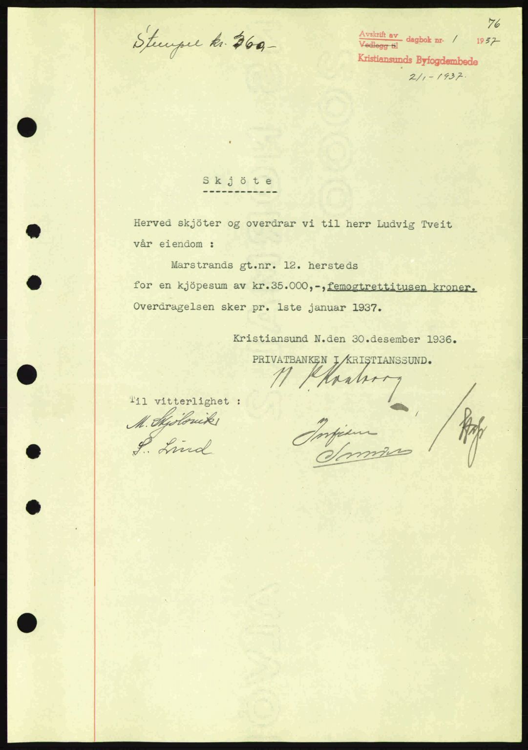 Kristiansund byfogd, AV/SAT-A-4587/A/27: Mortgage book no. 30, 1936-1941, Diary no: : 1/1937
