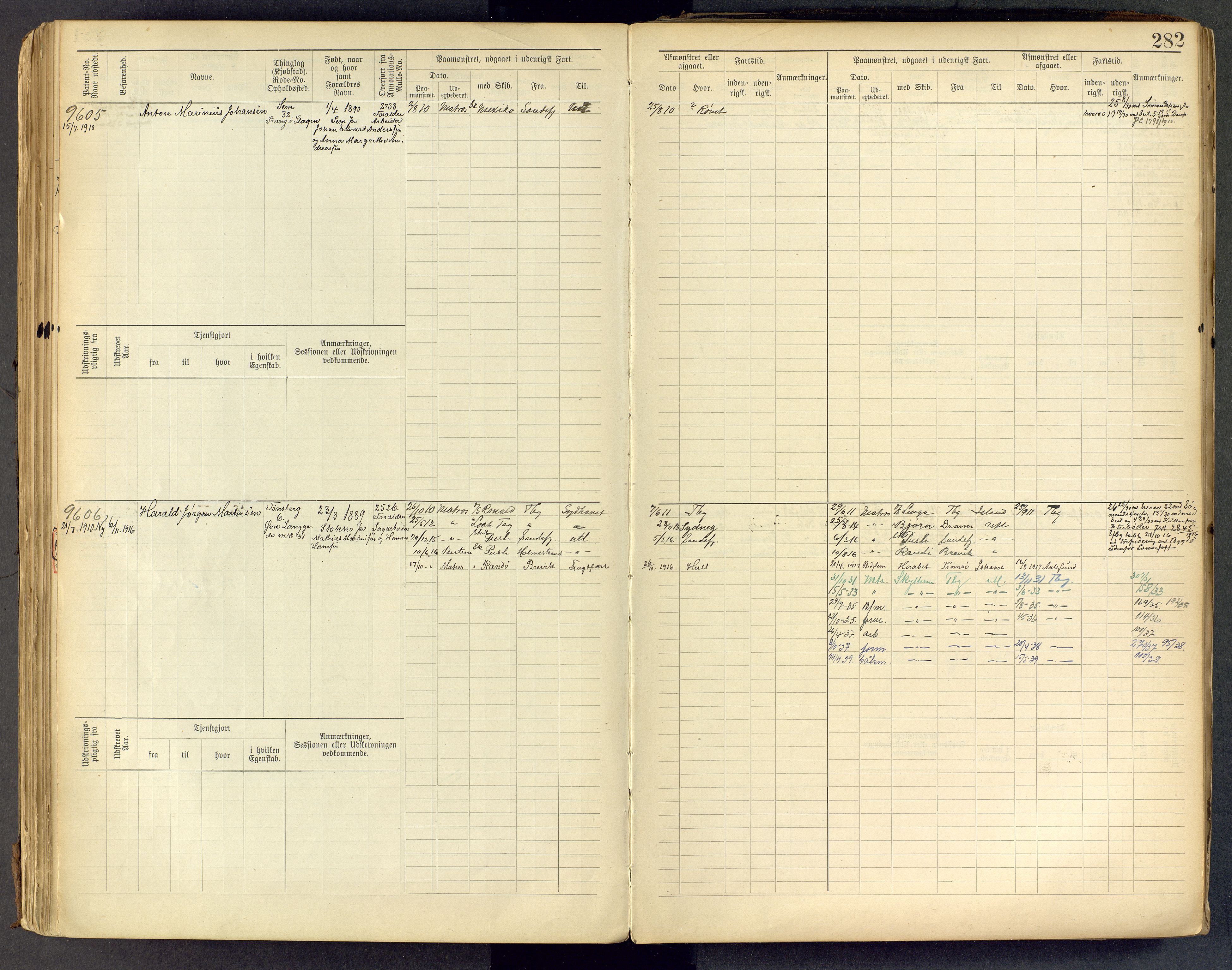 Tønsberg innrulleringskontor, AV/SAKO-A-786/F/Fc/Fcb/L0009: Hovedrulle Patent nr. 9043-9992, 1900-1921, p. 282