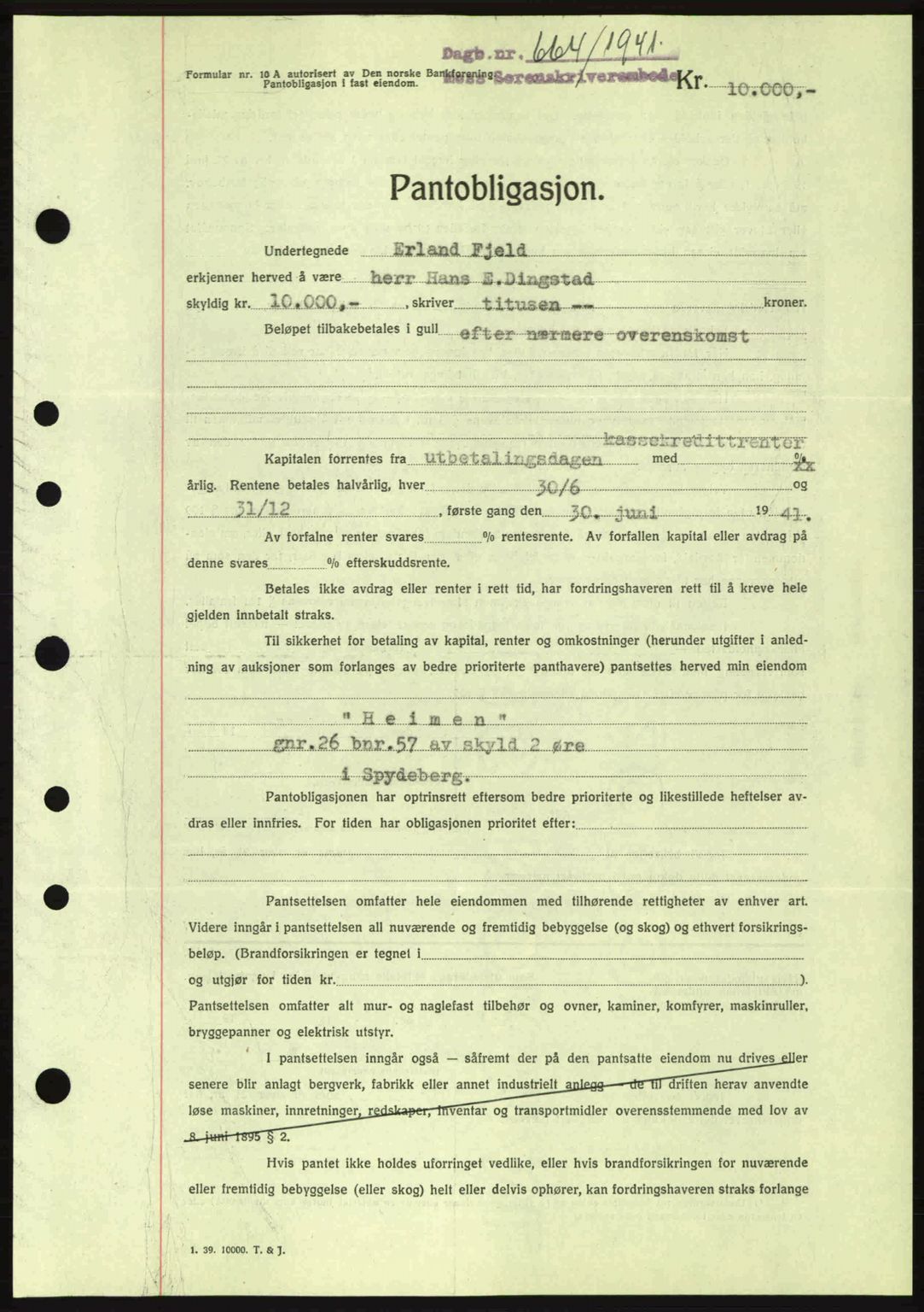 Moss sorenskriveri, AV/SAO-A-10168: Mortgage book no. B10, 1940-1941, Diary no: : 664/1941