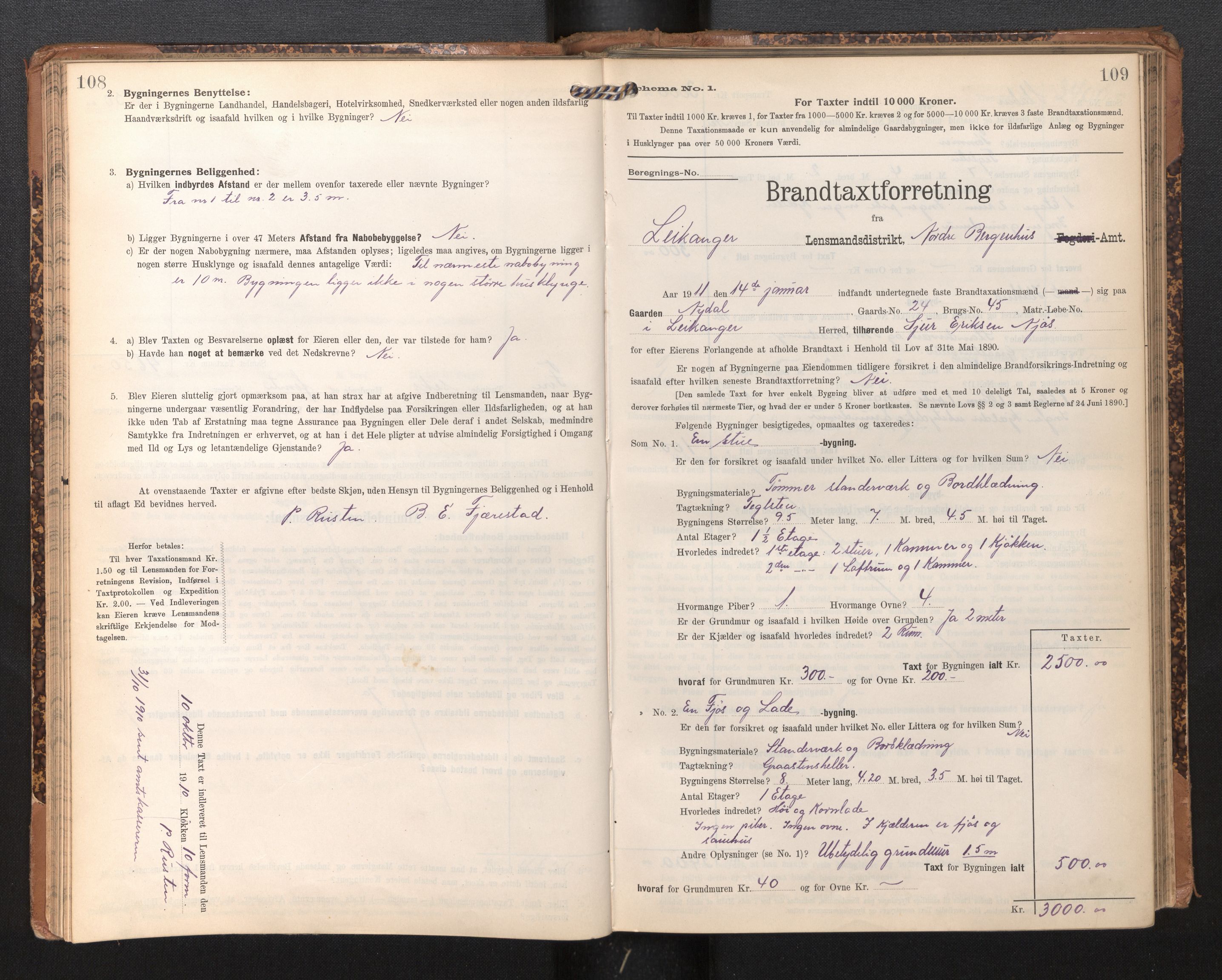 Lensmannen i Leikanger, AV/SAB-A-29201/0012/L0005: Branntakstprotokoll, skjematakst, 1907-1917, p. 108-109