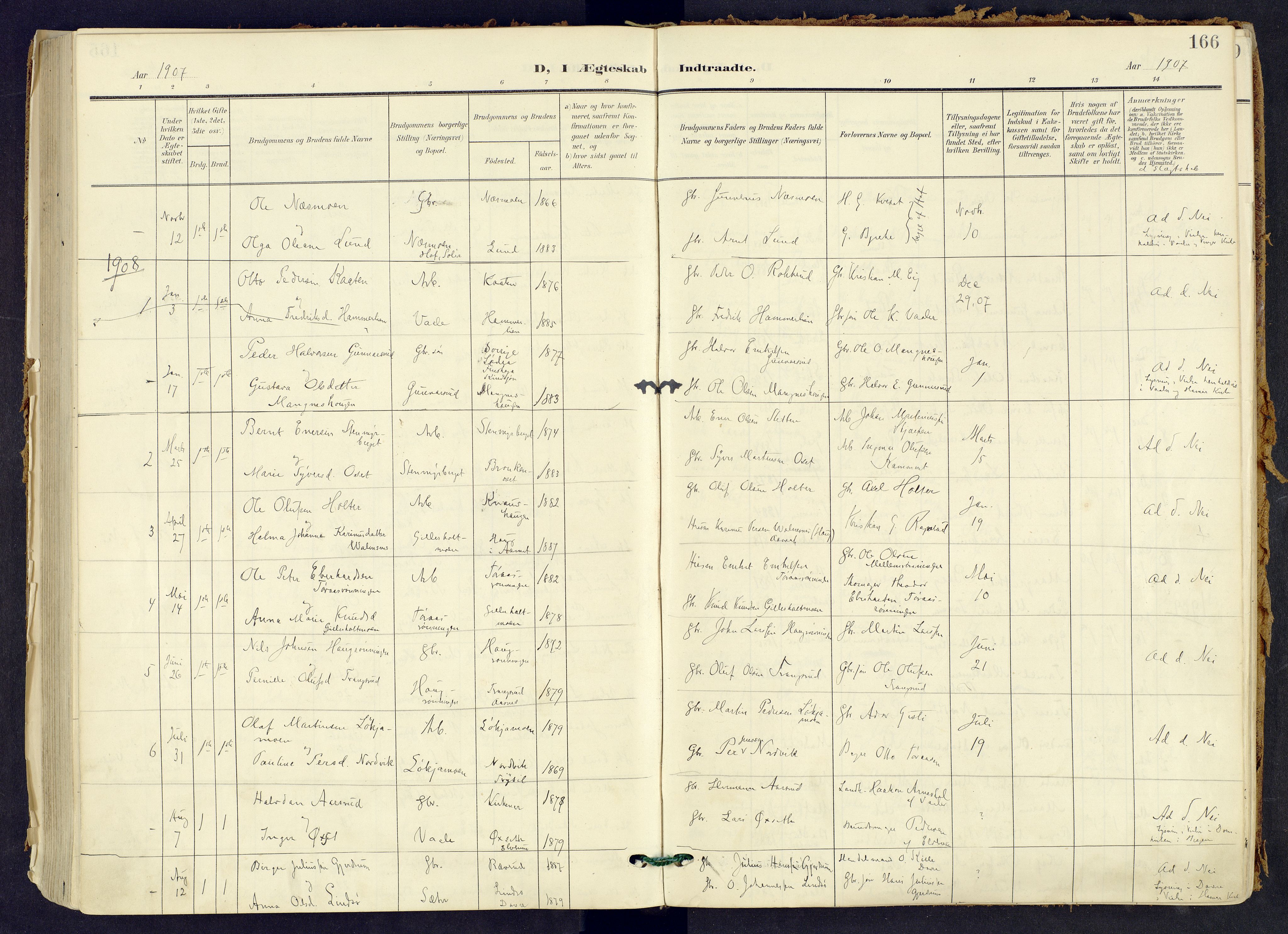 Våler prestekontor, Hedmark, AV/SAH-PREST-040/H/Ha/Haa/L0008: Parish register (official) no. 8, 1905-1921, p. 166