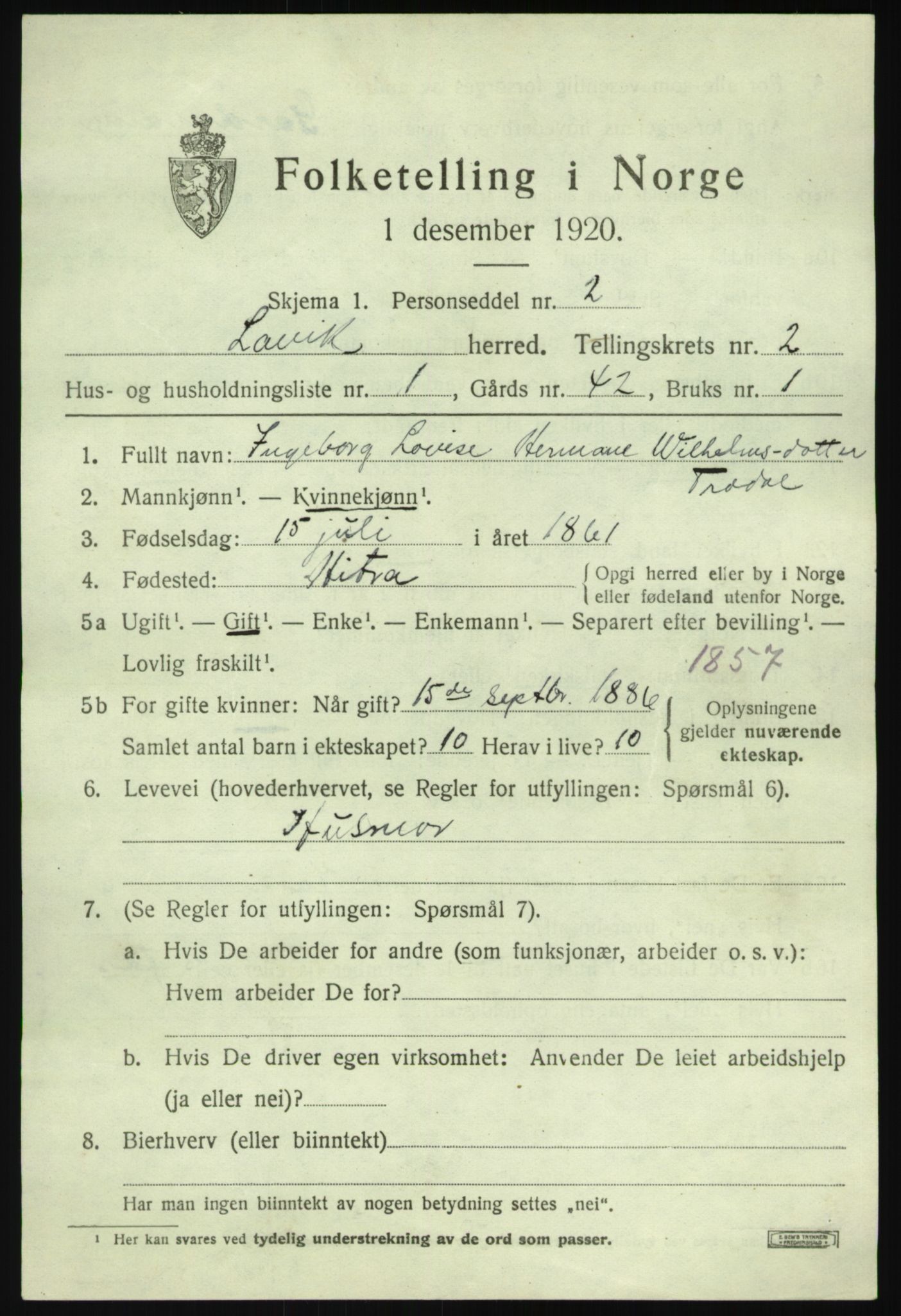 SAB, 1920 census for Lavik, 1920, p. 474