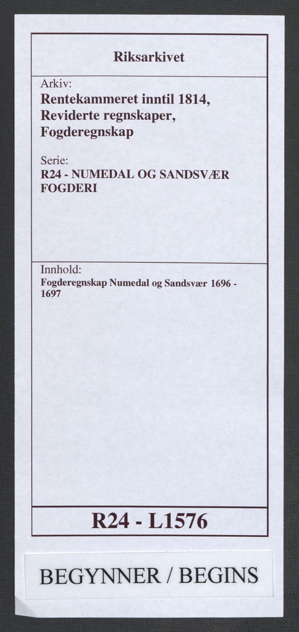 Rentekammeret inntil 1814, Reviderte regnskaper, Fogderegnskap, AV/RA-EA-4092/R24/L1576: Fogderegnskap Numedal og Sandsvær, 1696-1697, p. 1