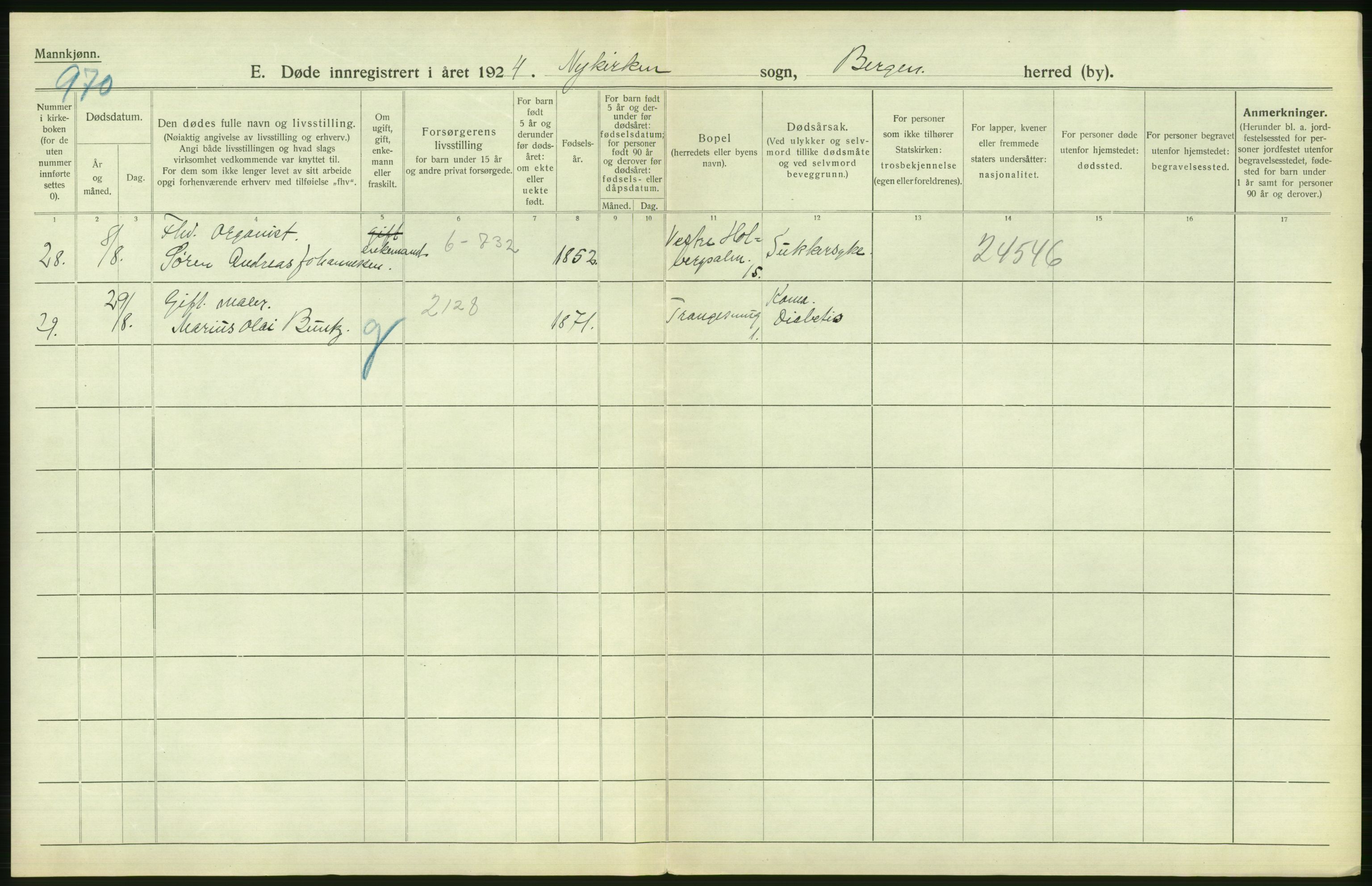 Statistisk sentralbyrå, Sosiodemografiske emner, Befolkning, AV/RA-S-2228/D/Df/Dfc/Dfcd/L0028: Bergen: Gifte, døde., 1924, p. 444