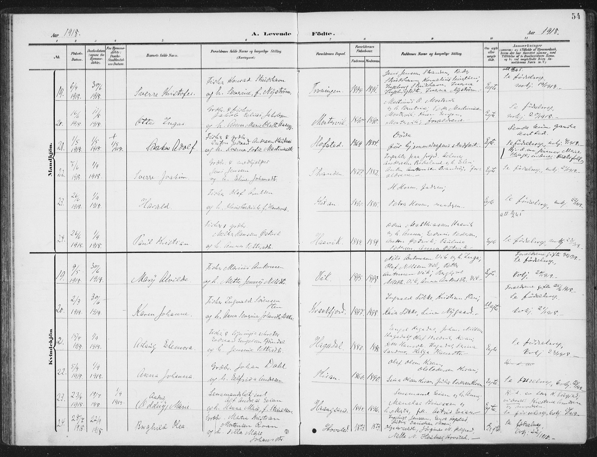 Ministerialprotokoller, klokkerbøker og fødselsregistre - Sør-Trøndelag, AV/SAT-A-1456/657/L0709: Parish register (official) no. 657A10, 1905-1919, p. 54