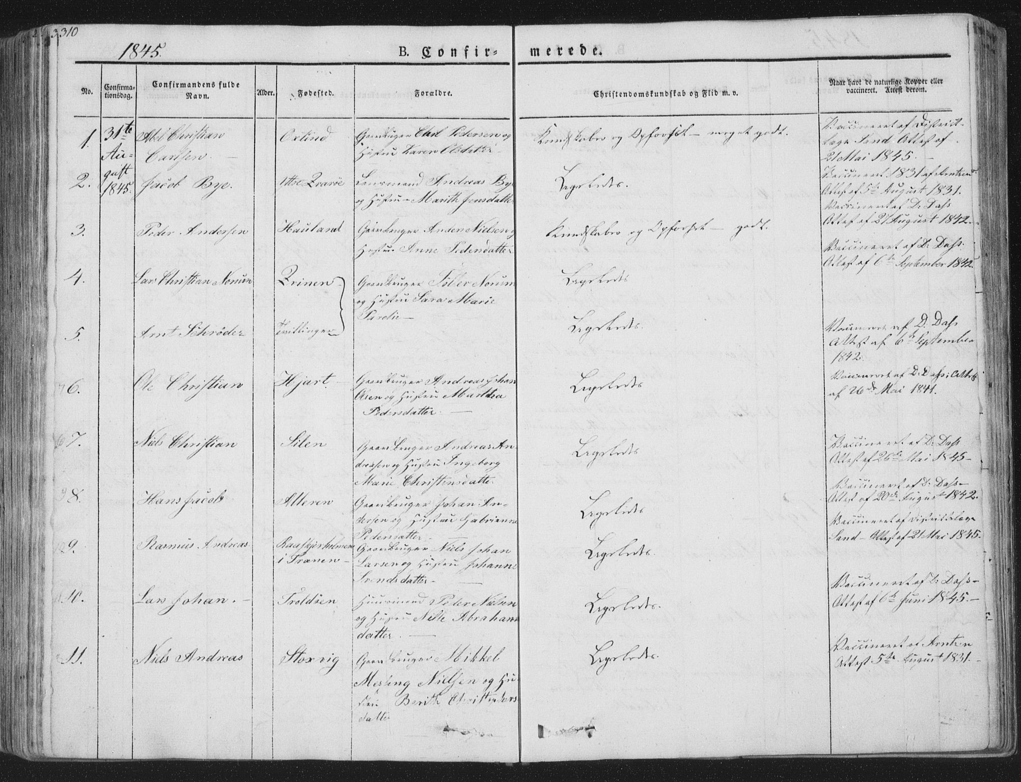 Ministerialprotokoller, klokkerbøker og fødselsregistre - Nordland, AV/SAT-A-1459/839/L0565: Parish register (official) no. 839A02, 1825-1862, p. 310