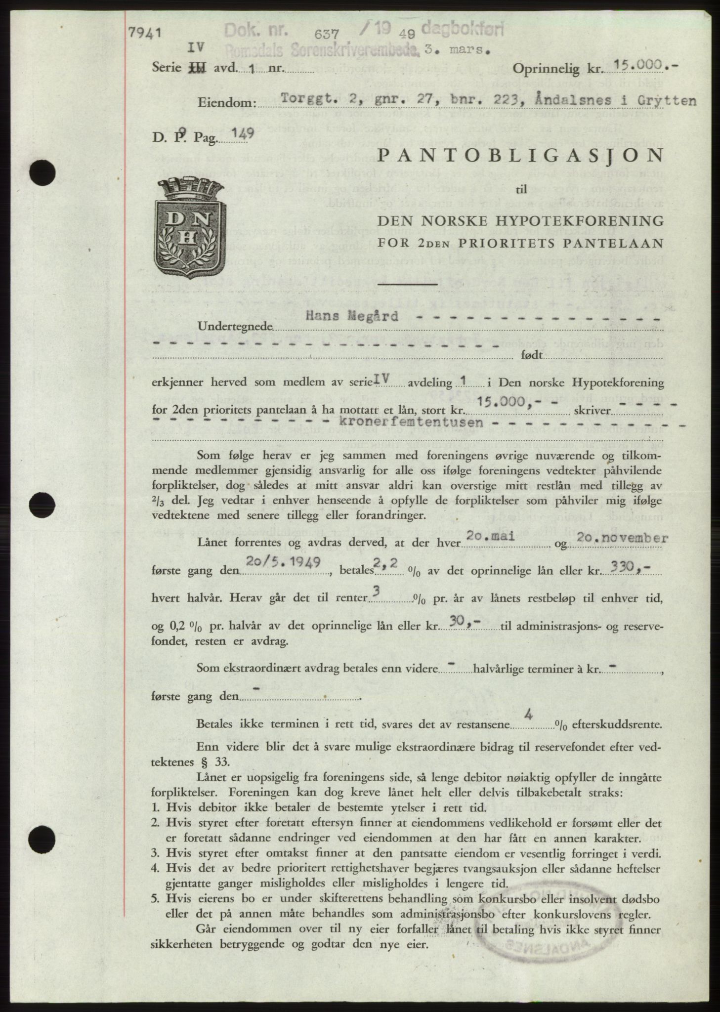 Romsdal sorenskriveri, AV/SAT-A-4149/1/2/2C: Mortgage book no. B4, 1948-1949, Diary no: : 637/1949