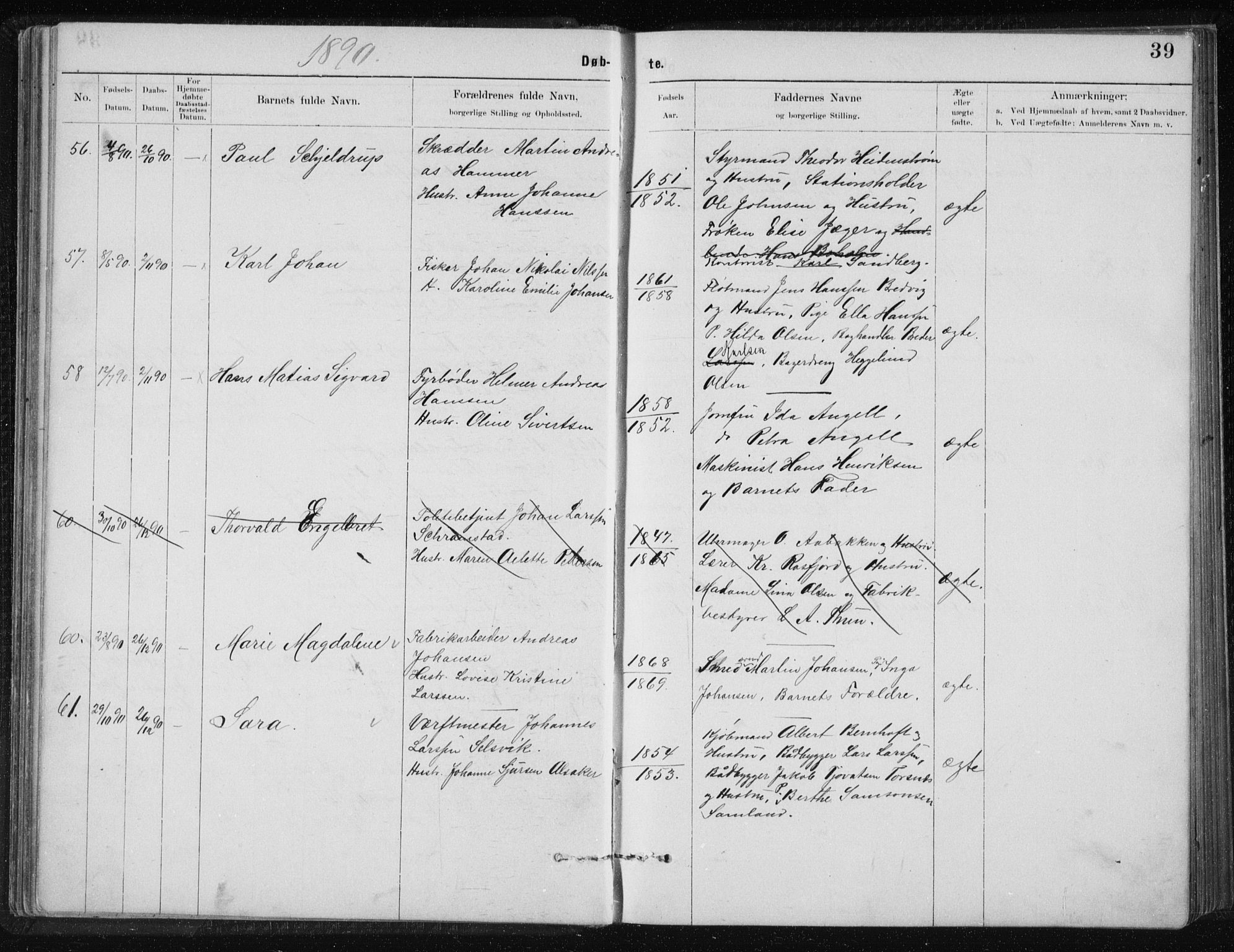 Ministerialprotokoller, klokkerbøker og fødselsregistre - Nordland, AV/SAT-A-1459/801/L0032: Parish register (copy) no. 801C07, 1889-1897, p. 39