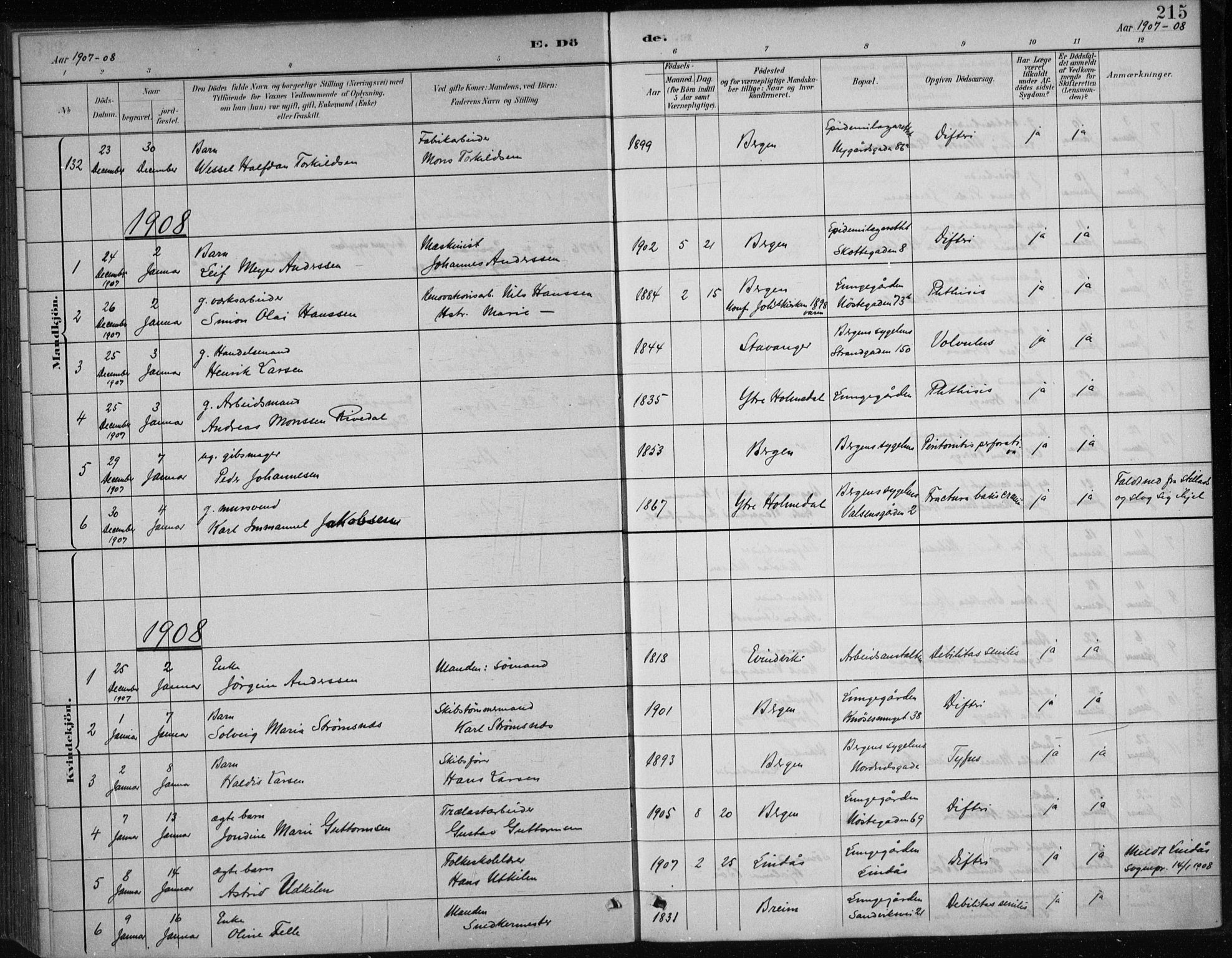 Bergen kommunale pleiehjem - stiftelsespresten, AV/SAB-A-100281: Parish register (official) no. A 5, 1887-1908, p. 215