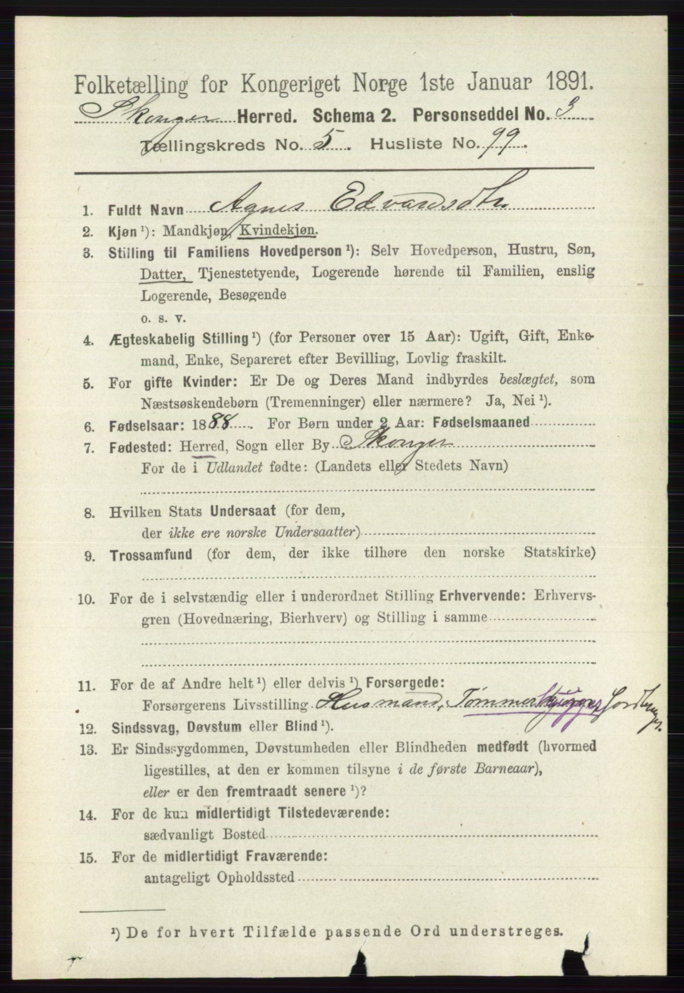 RA, 1891 census for 0712 Skoger, 1891, p. 3696