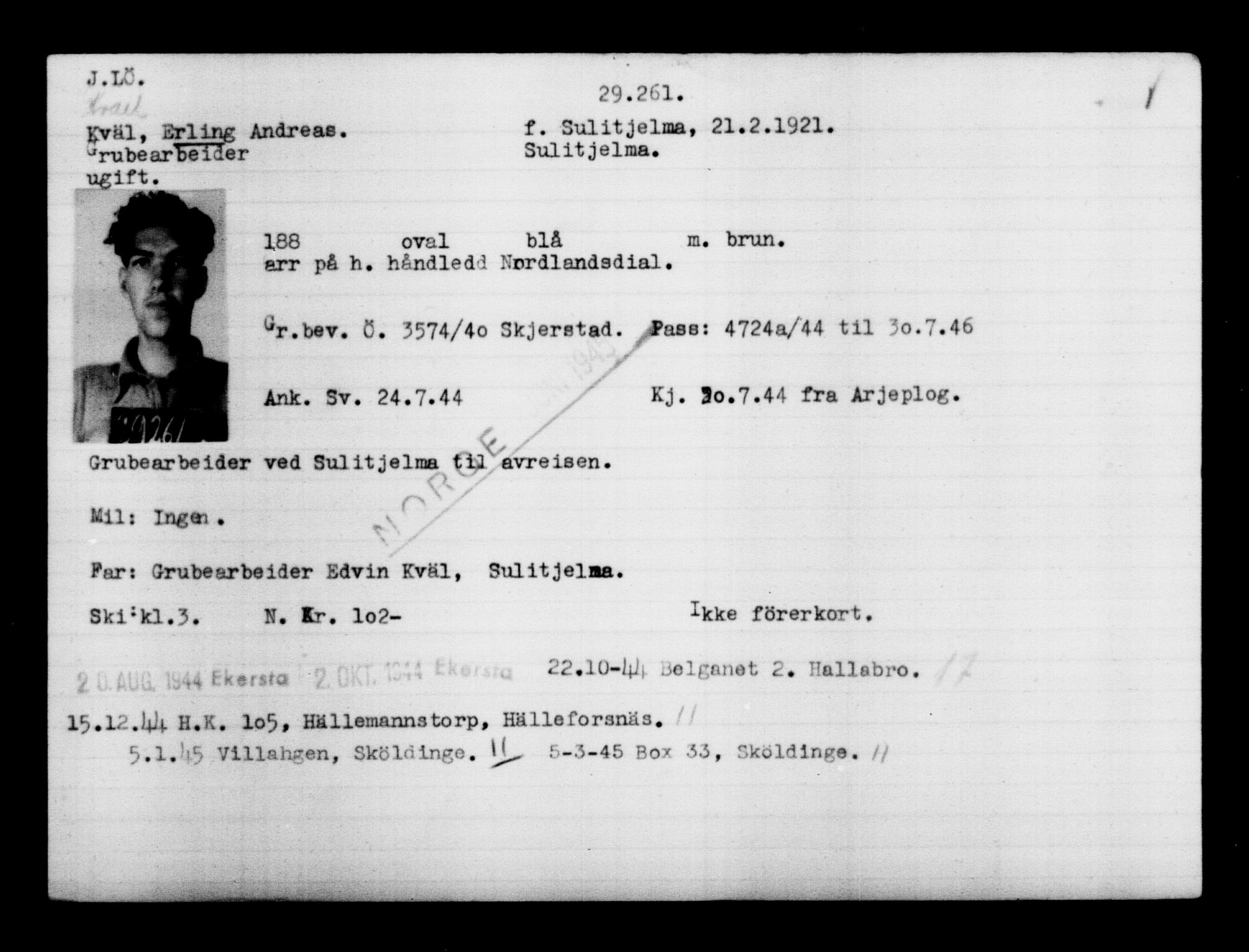 Utenriksstasjonene, Legasjonen i Stockholm, Flyktningkontoret, AV/RA-S-6753/V/Va/L0012: Kjesäterkartoteket, flyktninger med registreringsnr. 28300-31566, 1940-1945, p. 1050
