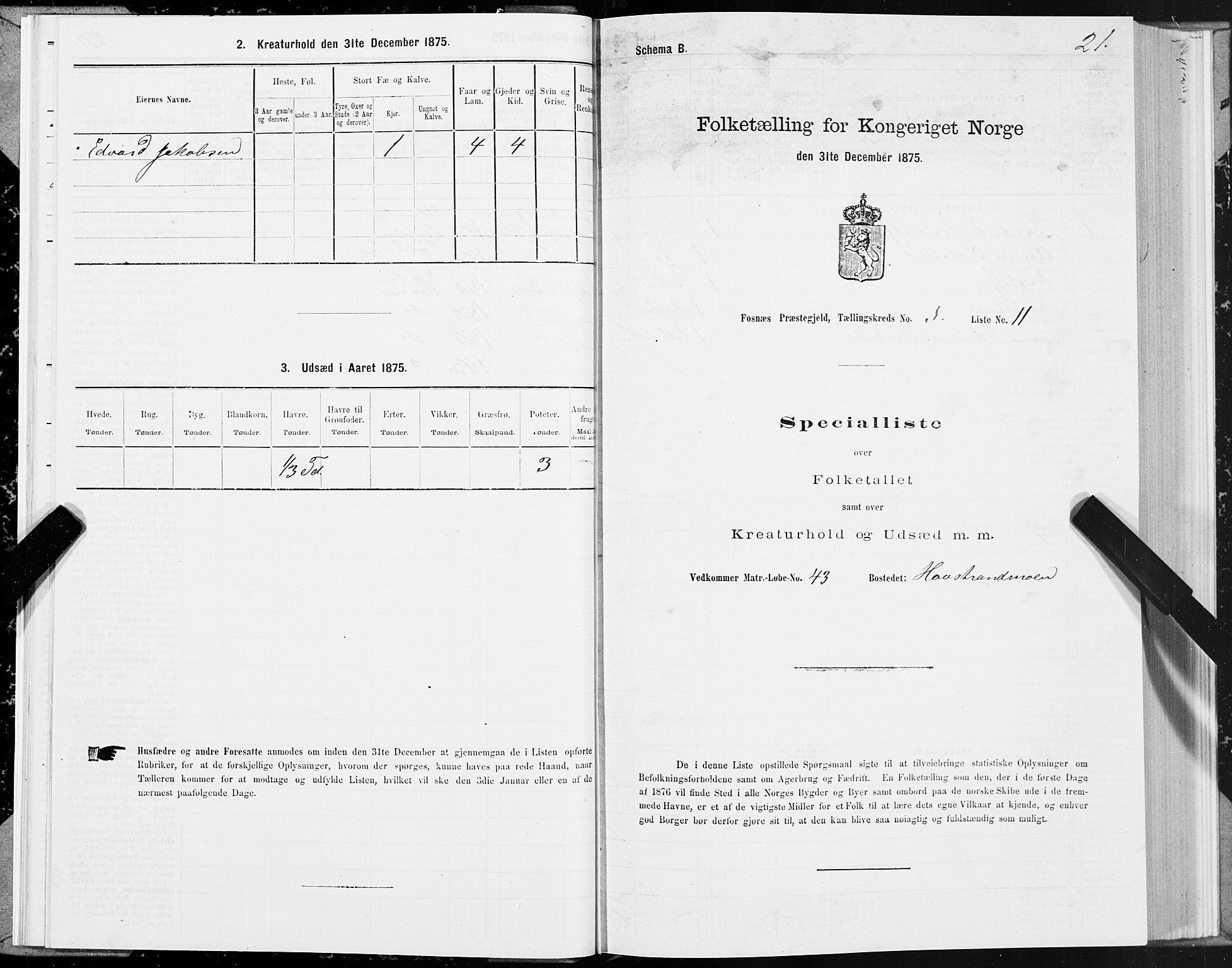 SAT, 1875 census for 1748P Fosnes, 1875, p. 3021