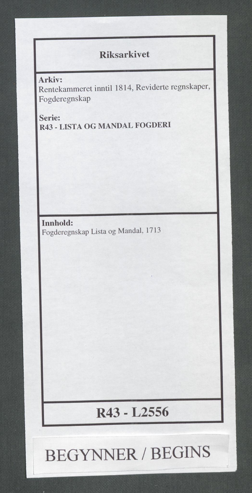 Rentekammeret inntil 1814, Reviderte regnskaper, Fogderegnskap, RA/EA-4092/R43/L2556: Fogderegnskap Lista og Mandal, 1713, p. 1
