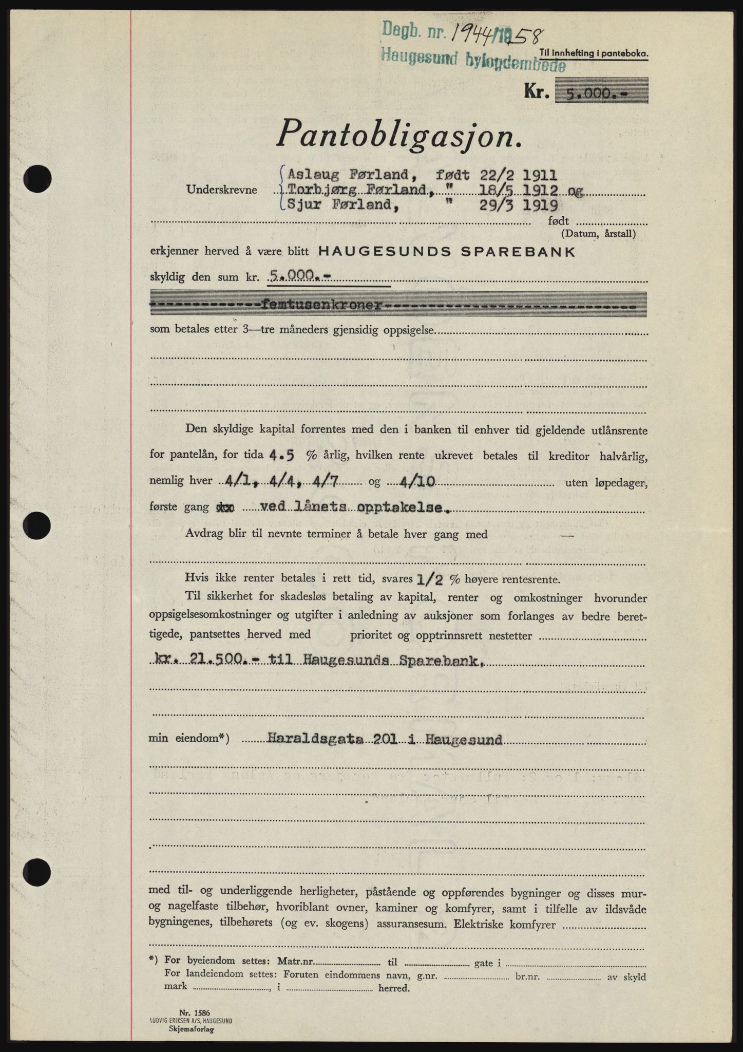 Haugesund tingrett, SAST/A-101415/01/II/IIC/L0044: Mortgage book no. B 44, 1958-1959, Diary no: : 1944/1958