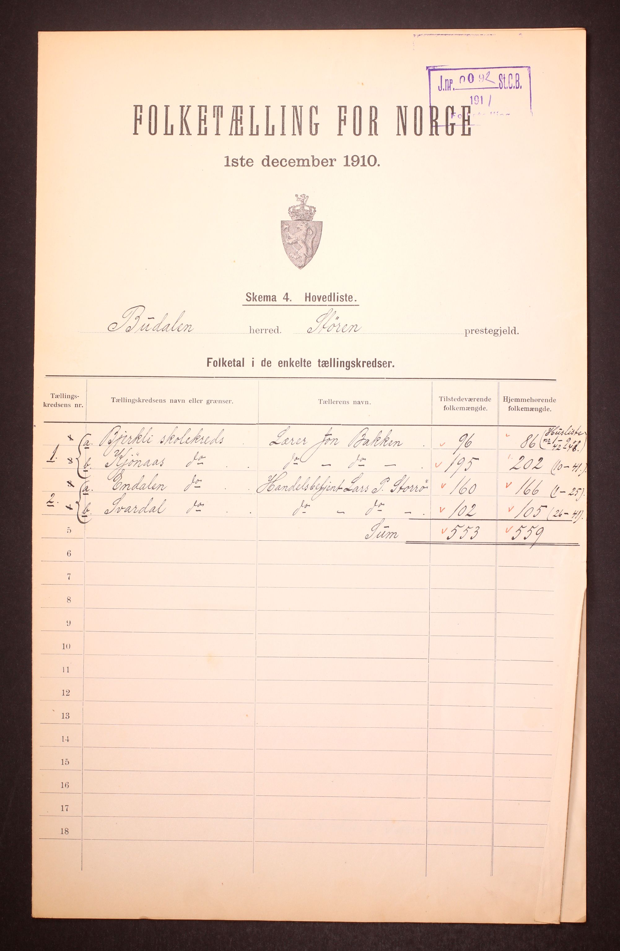 RA, 1910 census for Budal, 1910, p. 2