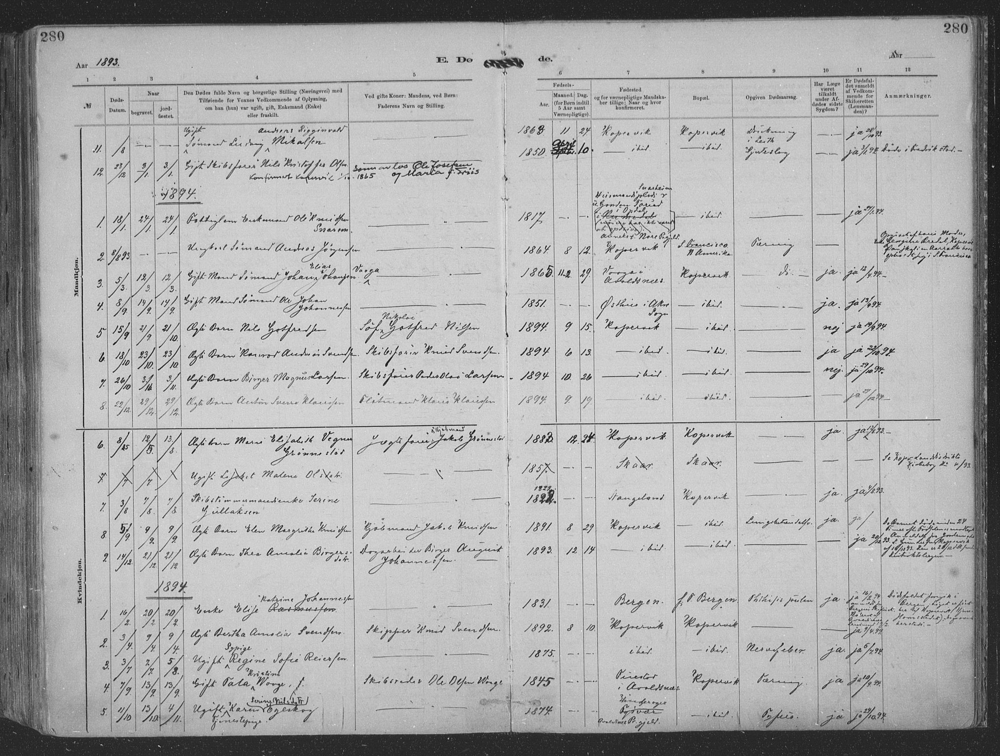 Kopervik sokneprestkontor, SAST/A-101850/H/Ha/Haa/L0001: Parish register (official) no. A 1, 1880-1919, p. 280
