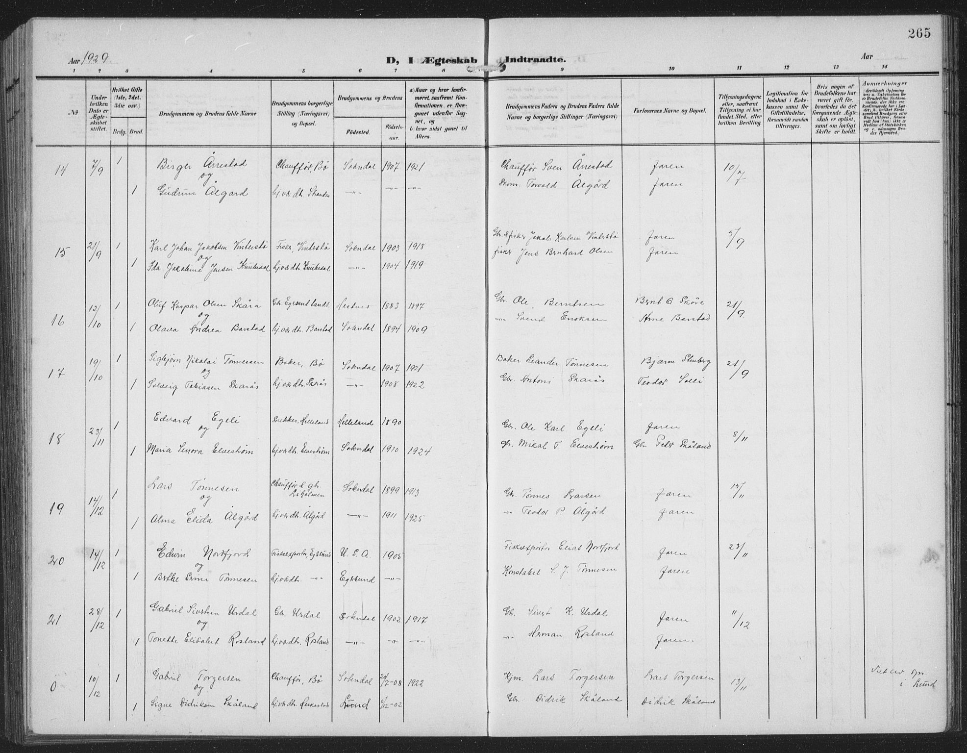 Sokndal sokneprestkontor, AV/SAST-A-101808: Parish register (copy) no. B 8, 1908-1934, p. 265