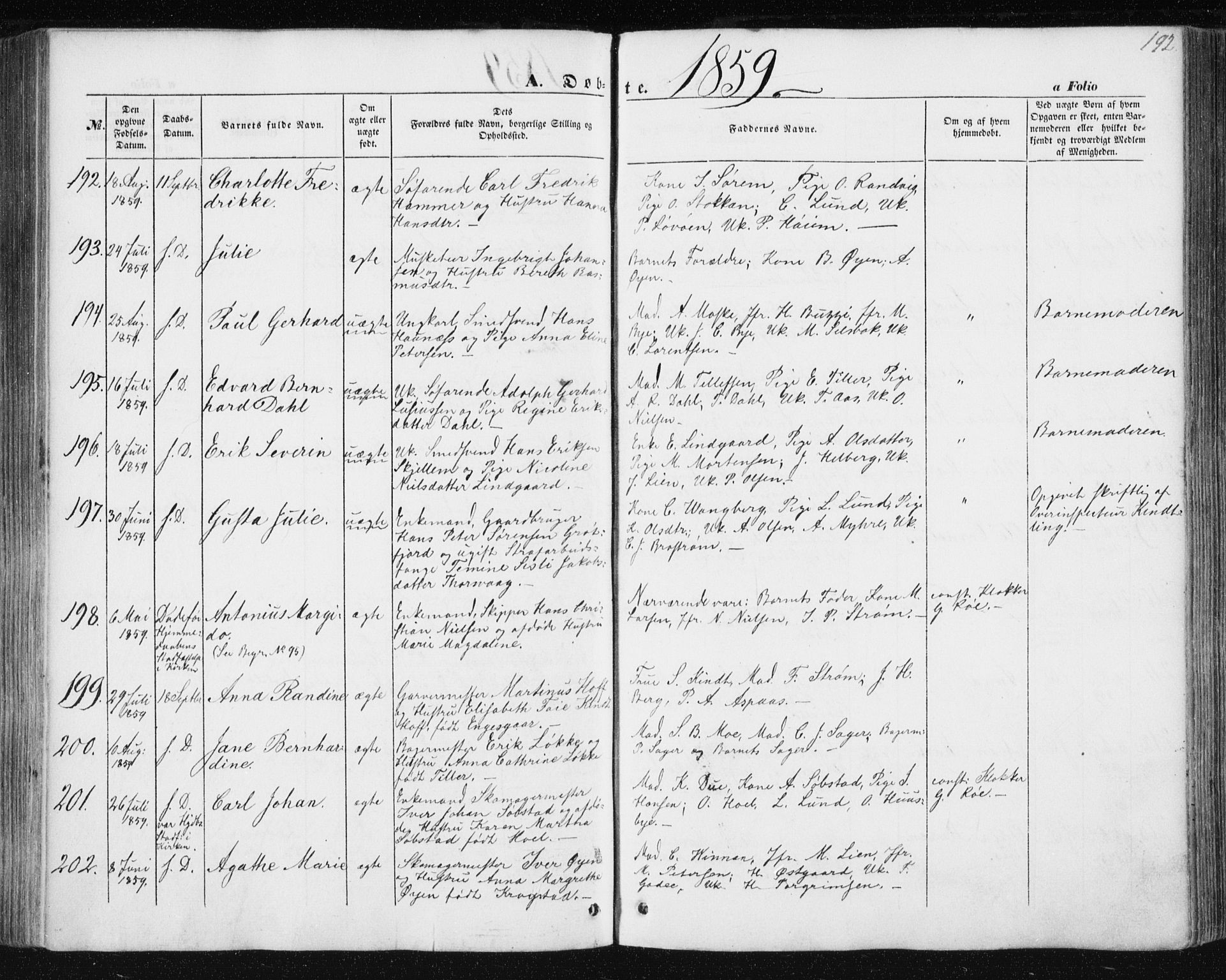 Ministerialprotokoller, klokkerbøker og fødselsregistre - Sør-Trøndelag, SAT/A-1456/602/L0112: Parish register (official) no. 602A10, 1848-1859, p. 192