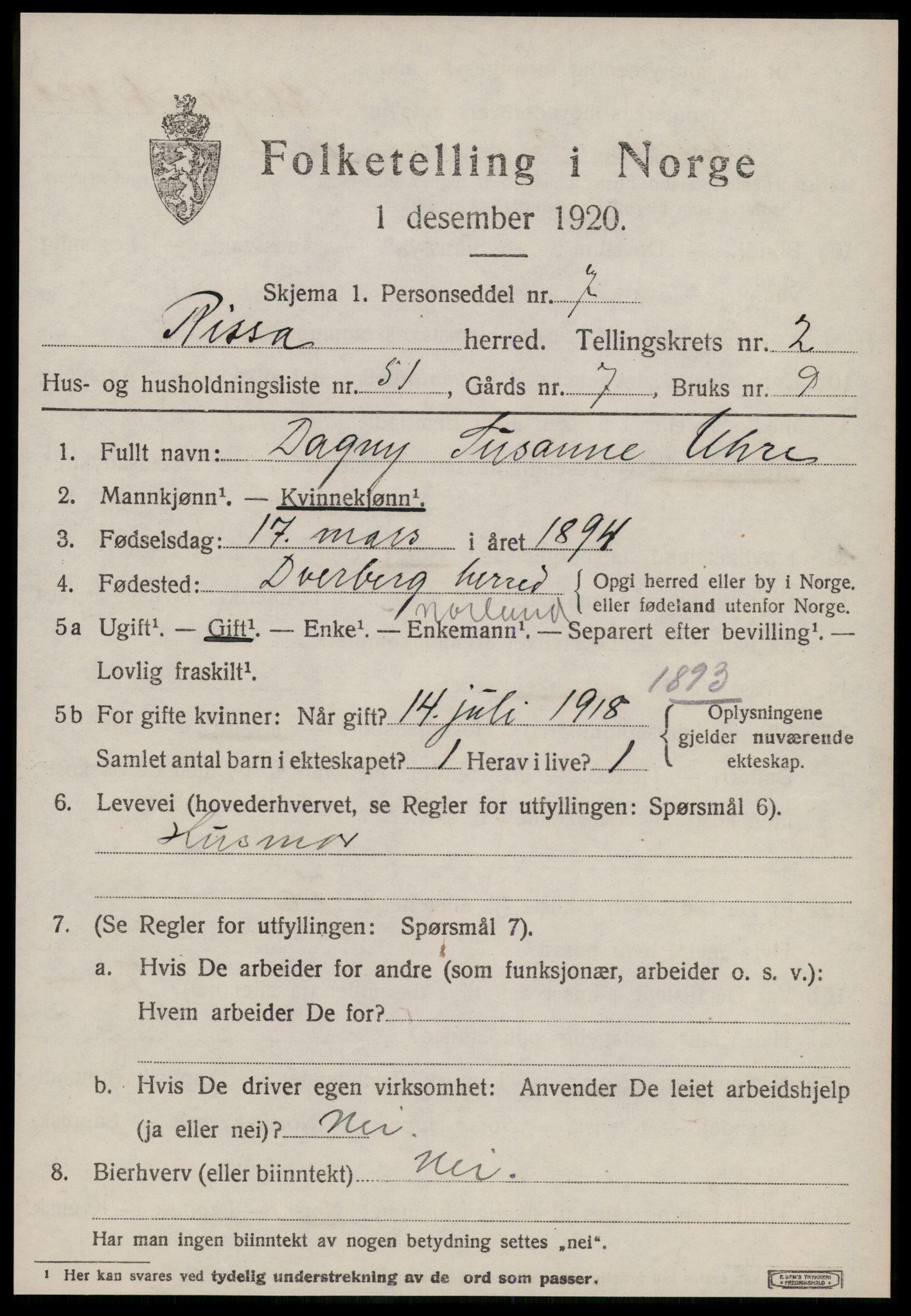 SAT, 1920 census for Rissa, 1920, p. 2309