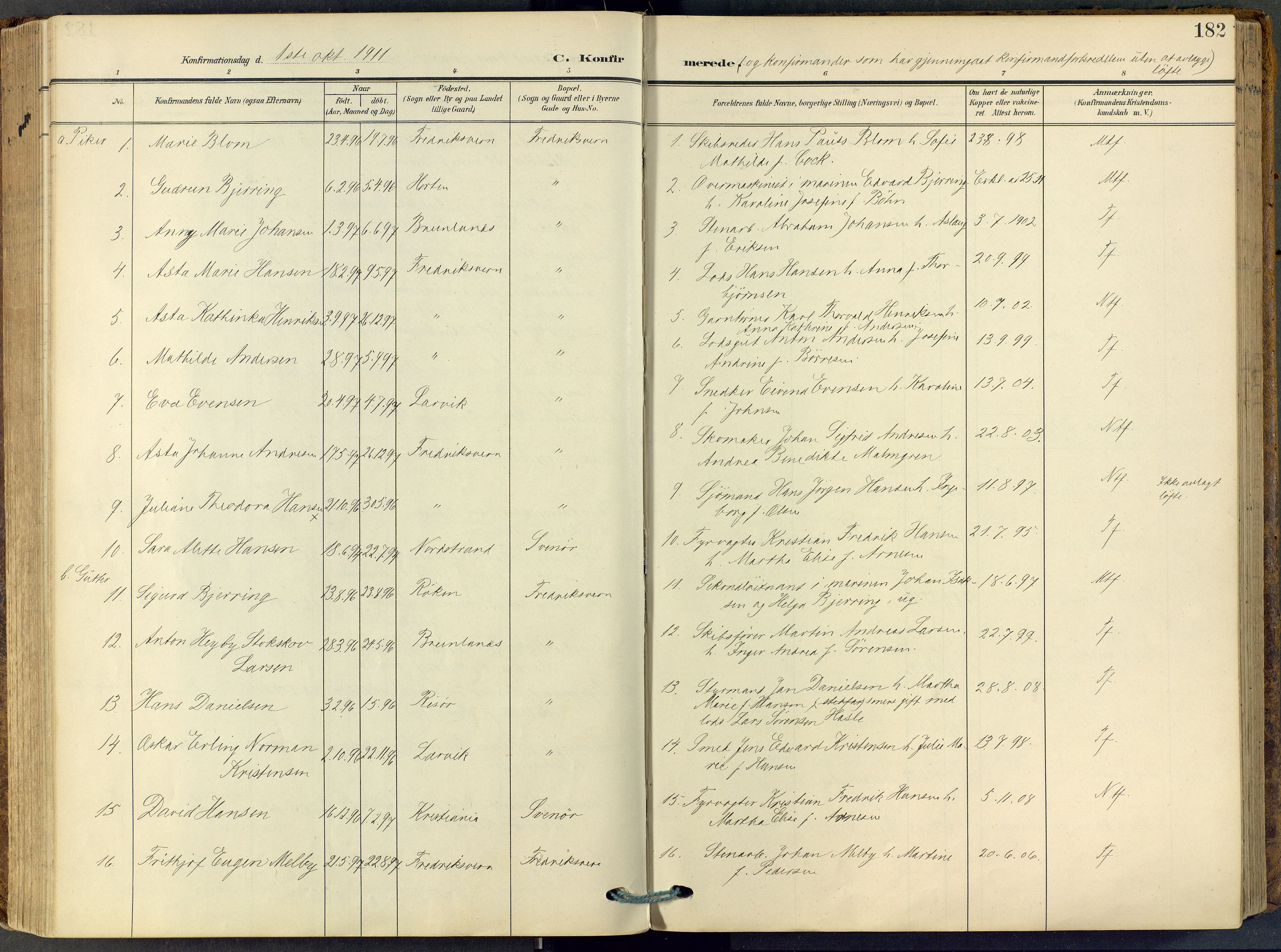 Stavern kirkebøker, SAKO/A-318/F/Fa/L0009: Parish register (official) no. 9, 1906-1955, p. 182
