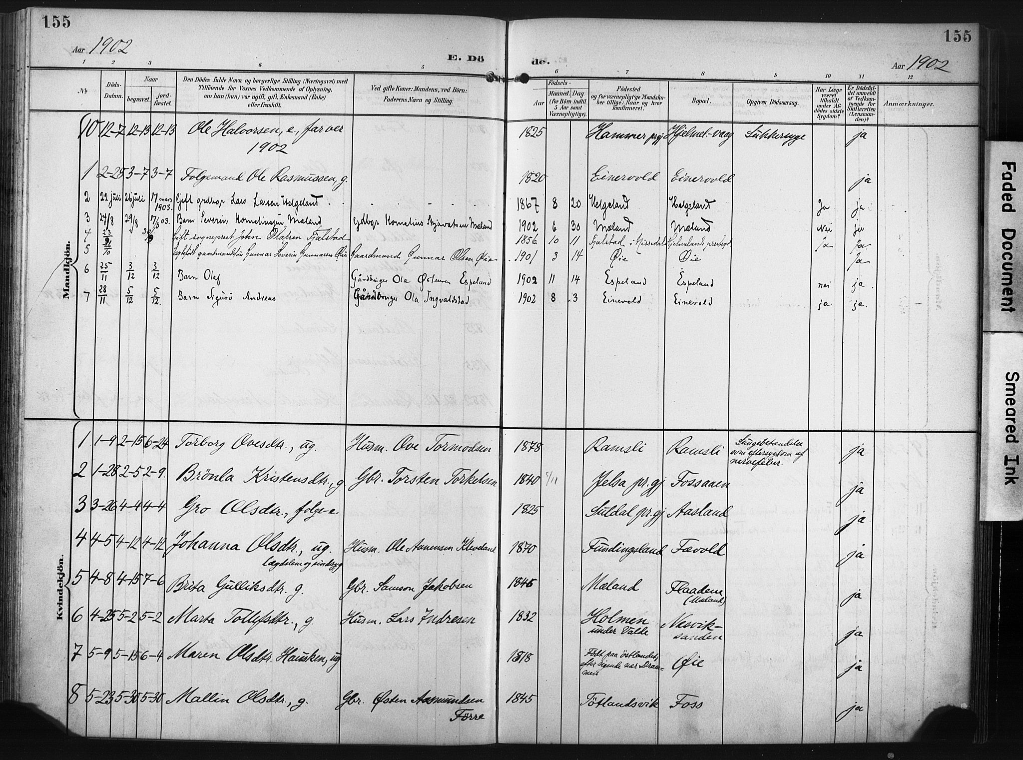 Hjelmeland sokneprestkontor, SAST/A-101843/02/A/L0002: Parish register (official) no. A 17, 1901-1916, p. 155