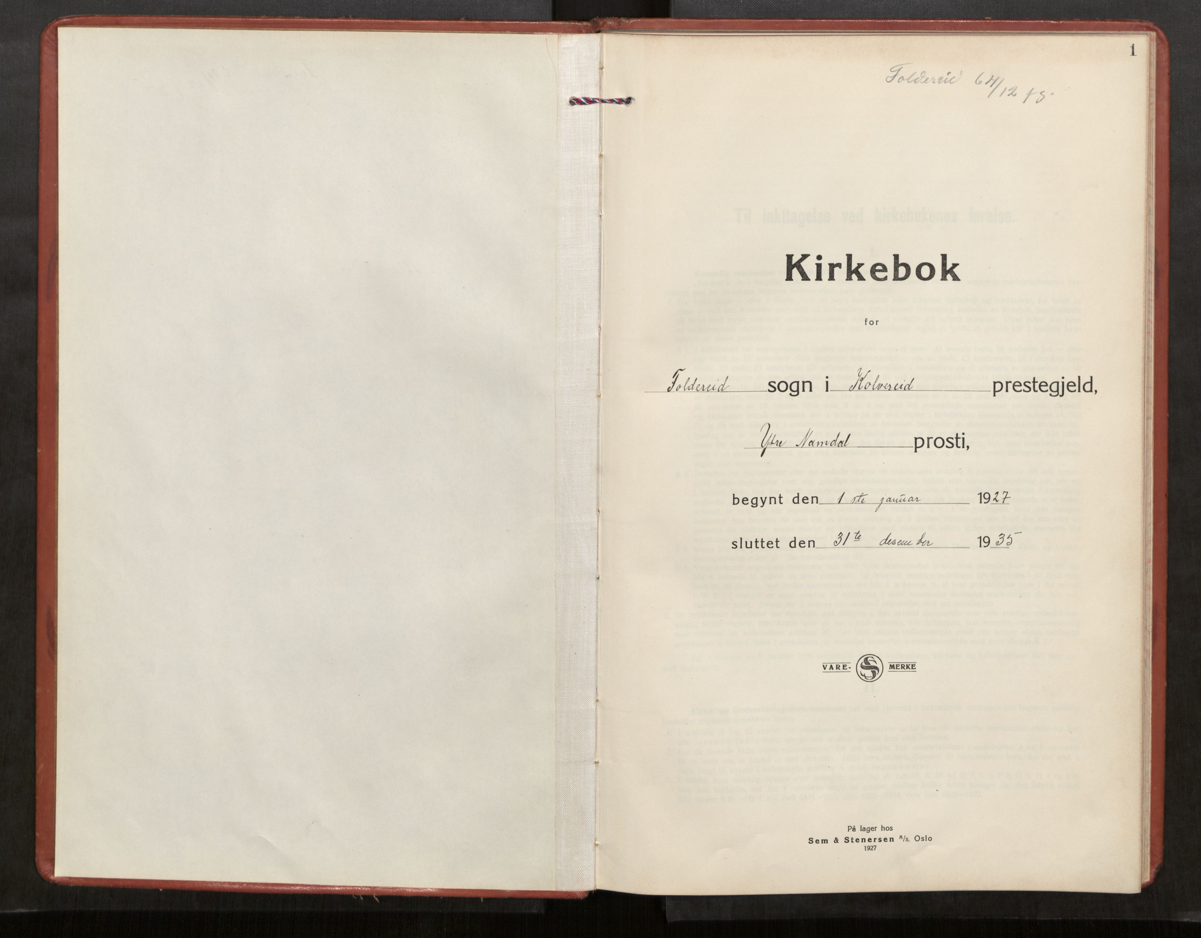 Kolvereid sokneprestkontor, AV/SAT-A-1171/H/Ha/Haa/L0003: Parish register (official) no. 3, 1927-1935, p. 1