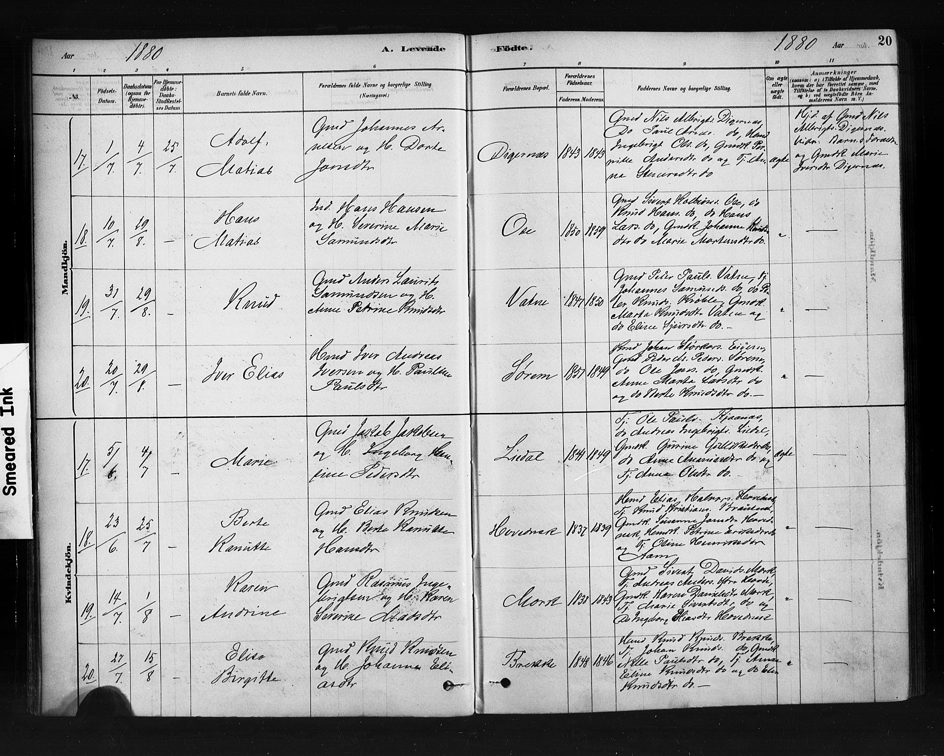 Ministerialprotokoller, klokkerbøker og fødselsregistre - Møre og Romsdal, AV/SAT-A-1454/513/L0176: Parish register (official) no. 513A03, 1877-1889, p. 20