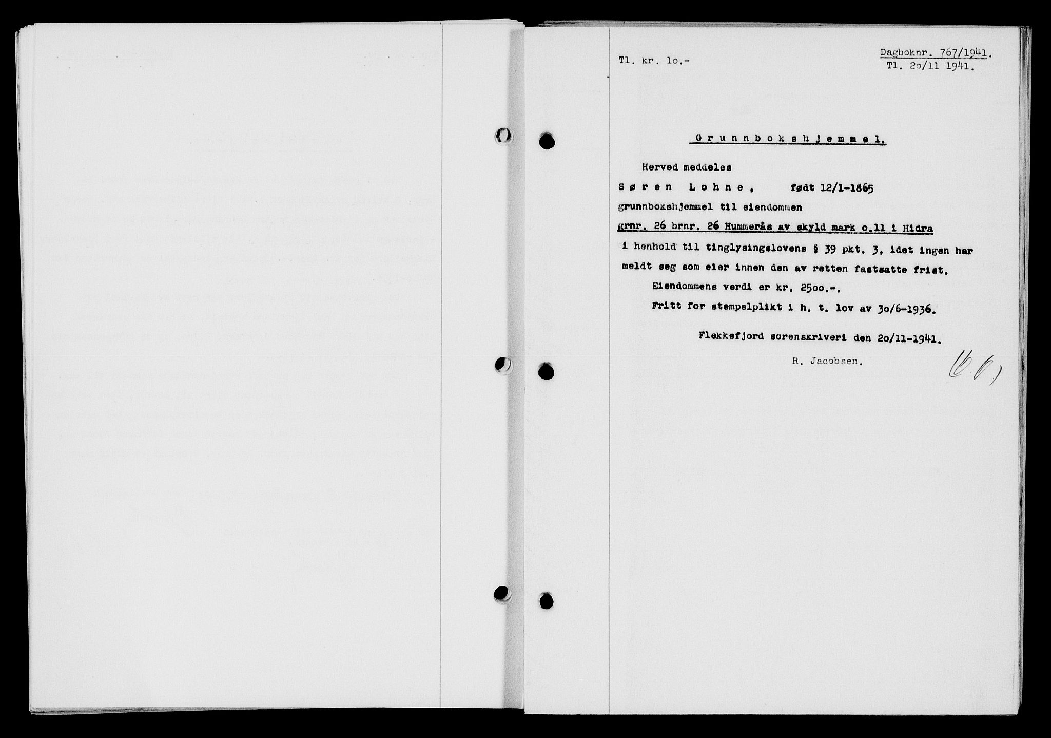 Flekkefjord sorenskriveri, AV/SAK-1221-0001/G/Gb/Gba/L0057: Mortgage book no. A-5, 1941-1942, Diary no: : 767/1941