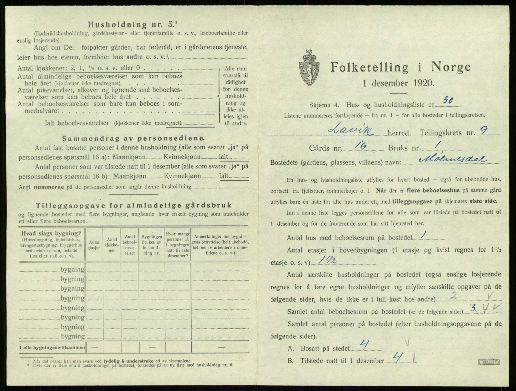 SAB, 1920 census for Lavik, 1920, p. 351