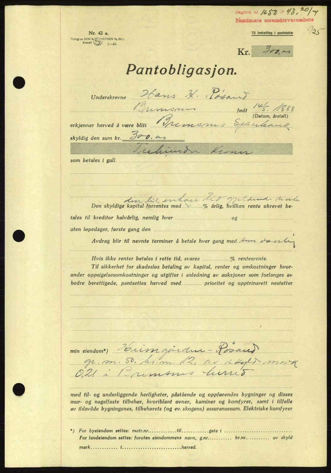 Nordmøre sorenskriveri, AV/SAT-A-4132/1/2/2Ca: Mortgage book no. B90, 1942-1943, Diary no: : 1653/1943