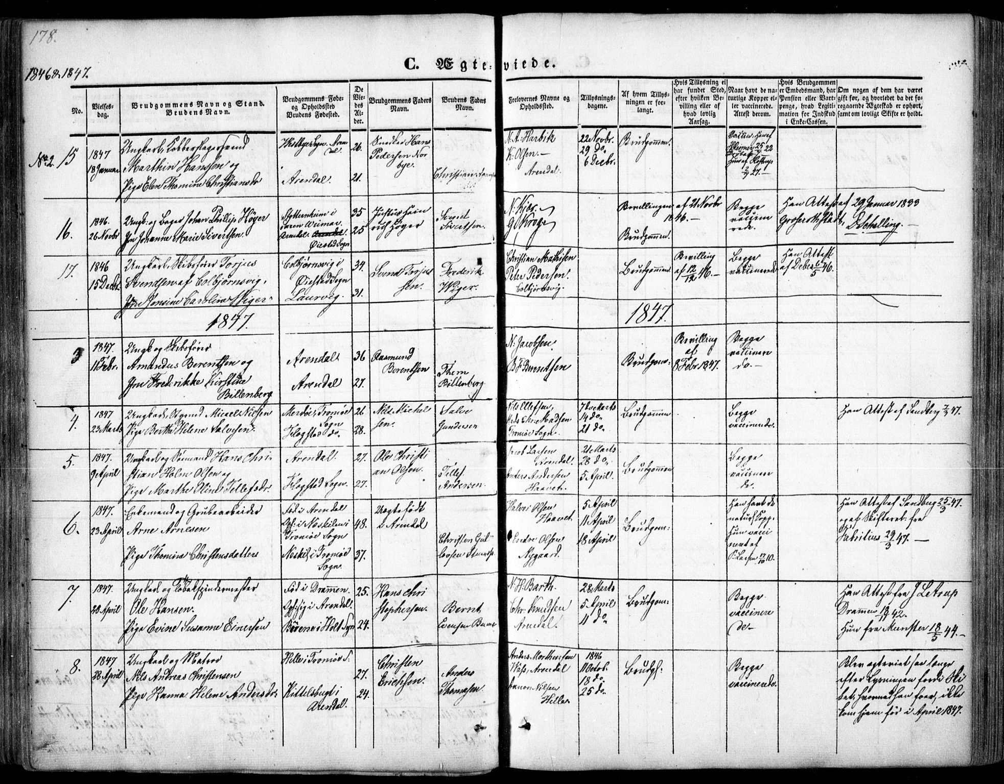 Arendal sokneprestkontor, Trefoldighet, AV/SAK-1111-0040/F/Fa/L0005: Parish register (official) no. A 5, 1838-1854, p. 178