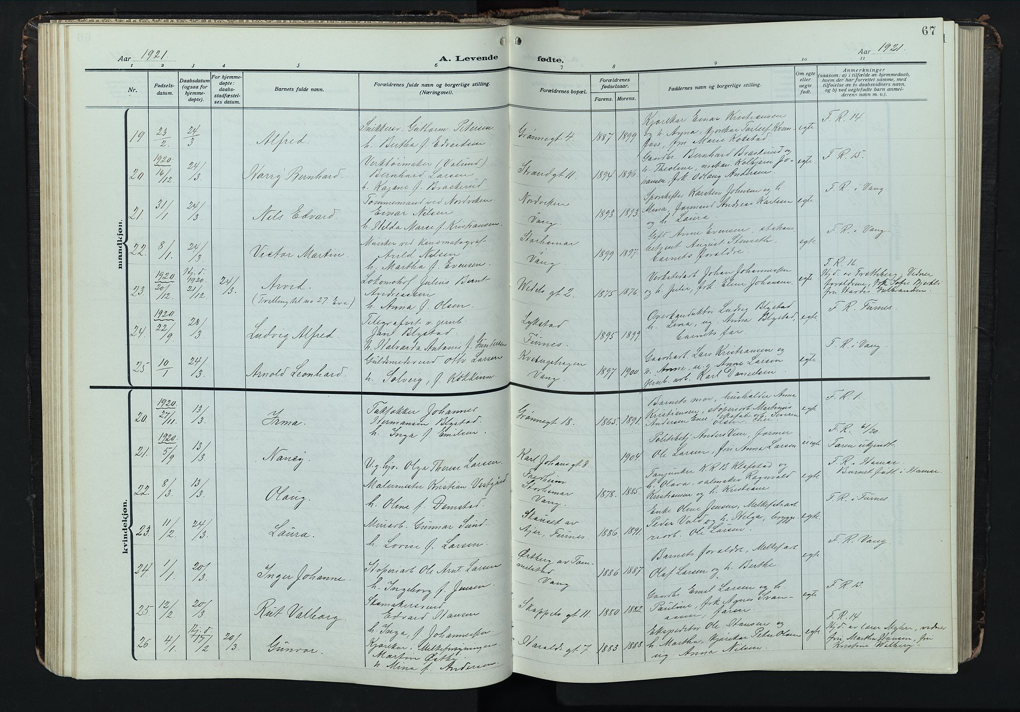 Hamar prestekontor, SAH/DOMPH-002/H/Ha/Hab/L0004: Parish register (copy) no. 4, 1915-1942, p. 67