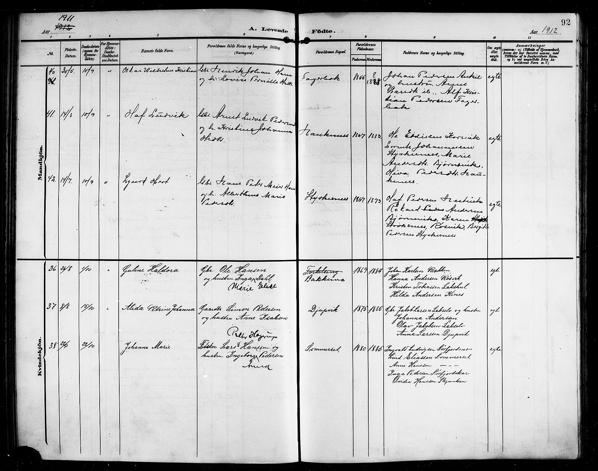 Ministerialprotokoller, klokkerbøker og fødselsregistre - Nordland, AV/SAT-A-1459/854/L0786: Parish register (copy) no. 854C02, 1901-1912, p. 92