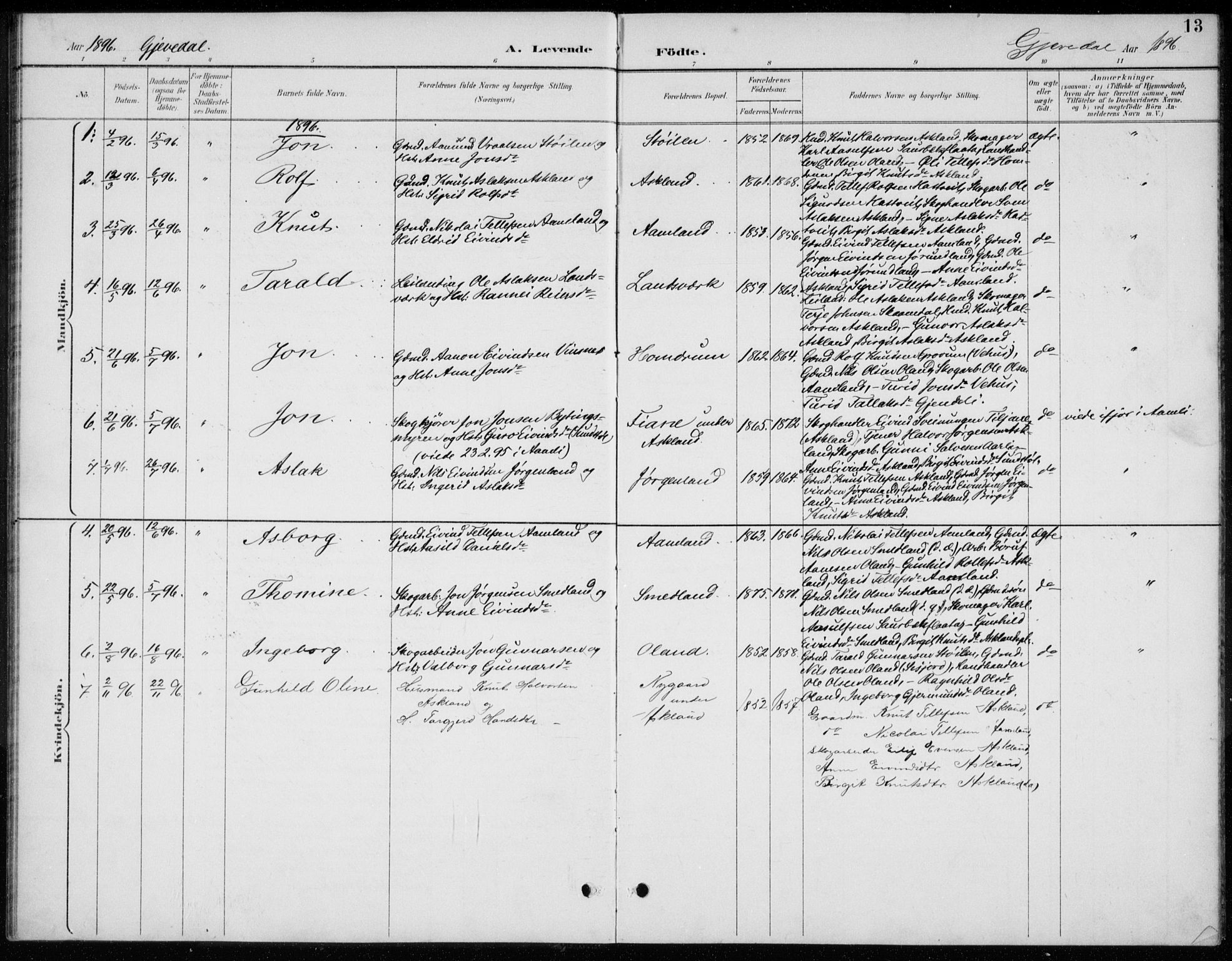 Åmli sokneprestkontor, SAK/1111-0050/F/Fb/Fba/L0002: Parish register (copy) no. B 2, 1890-1912, p. 13