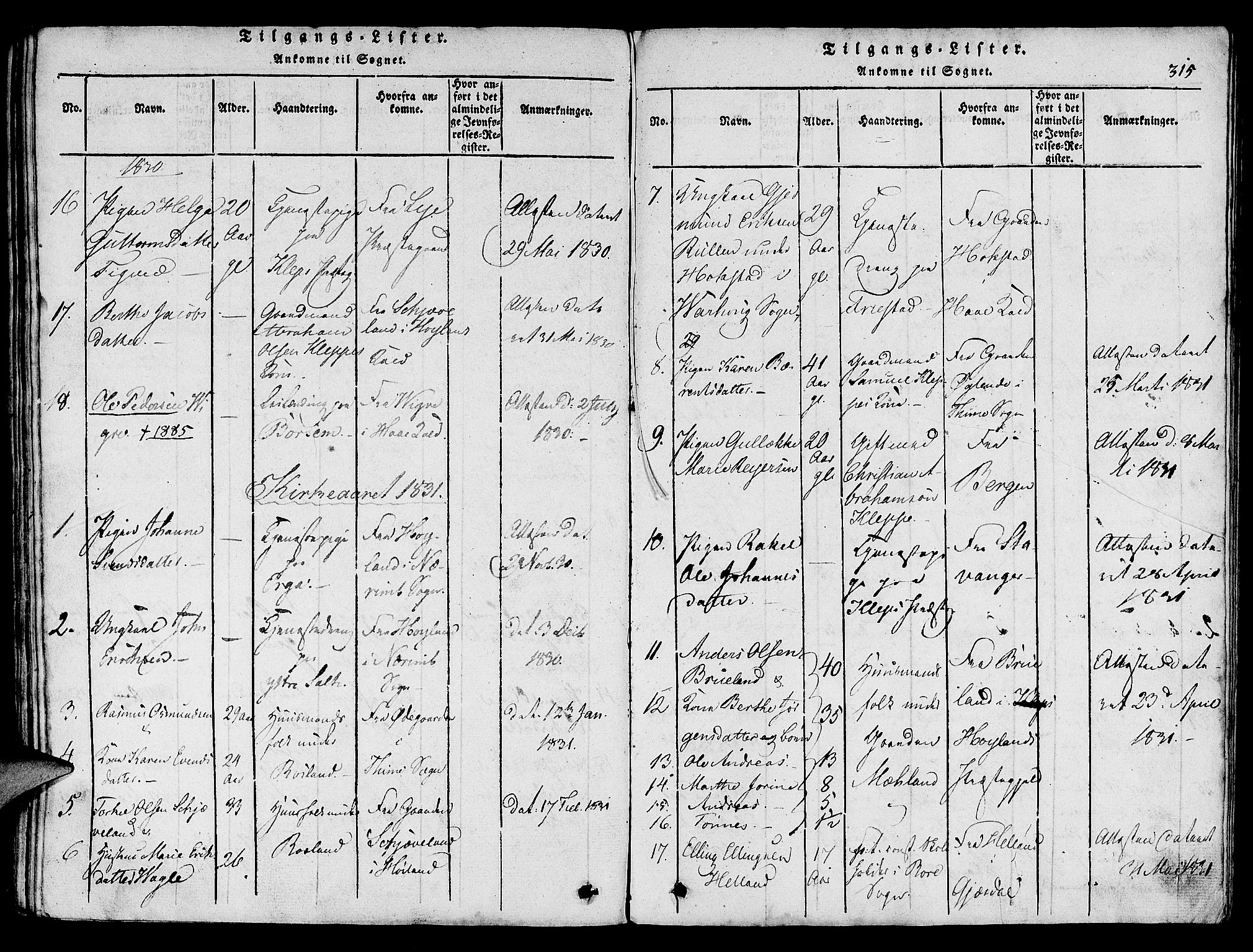 Klepp sokneprestkontor, SAST/A-101803/001/3/30BA/L0002: Parish register (official) no. A 2, 1816-1833, p. 315