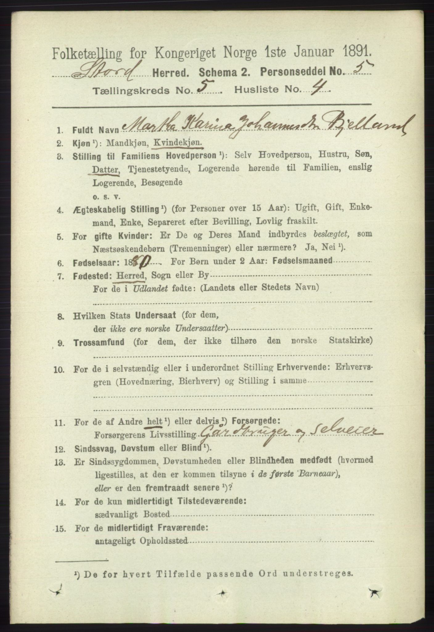 RA, 1891 census for 1221 Stord, 1891, p. 1672