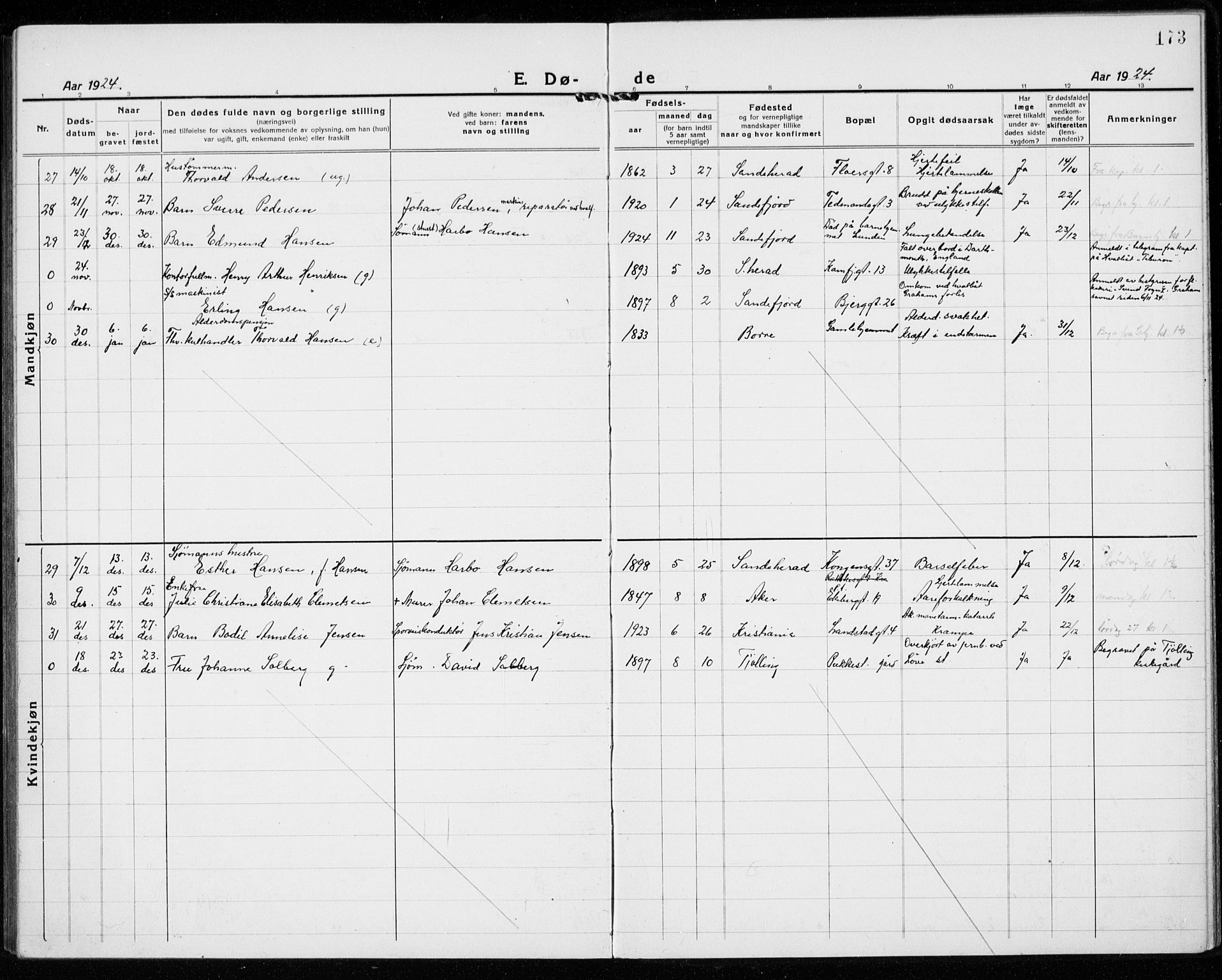 Sandefjord kirkebøker, SAKO/A-315/G/Ga/L0004: Parish register (copy) no. 4, 1920-1931, p. 173