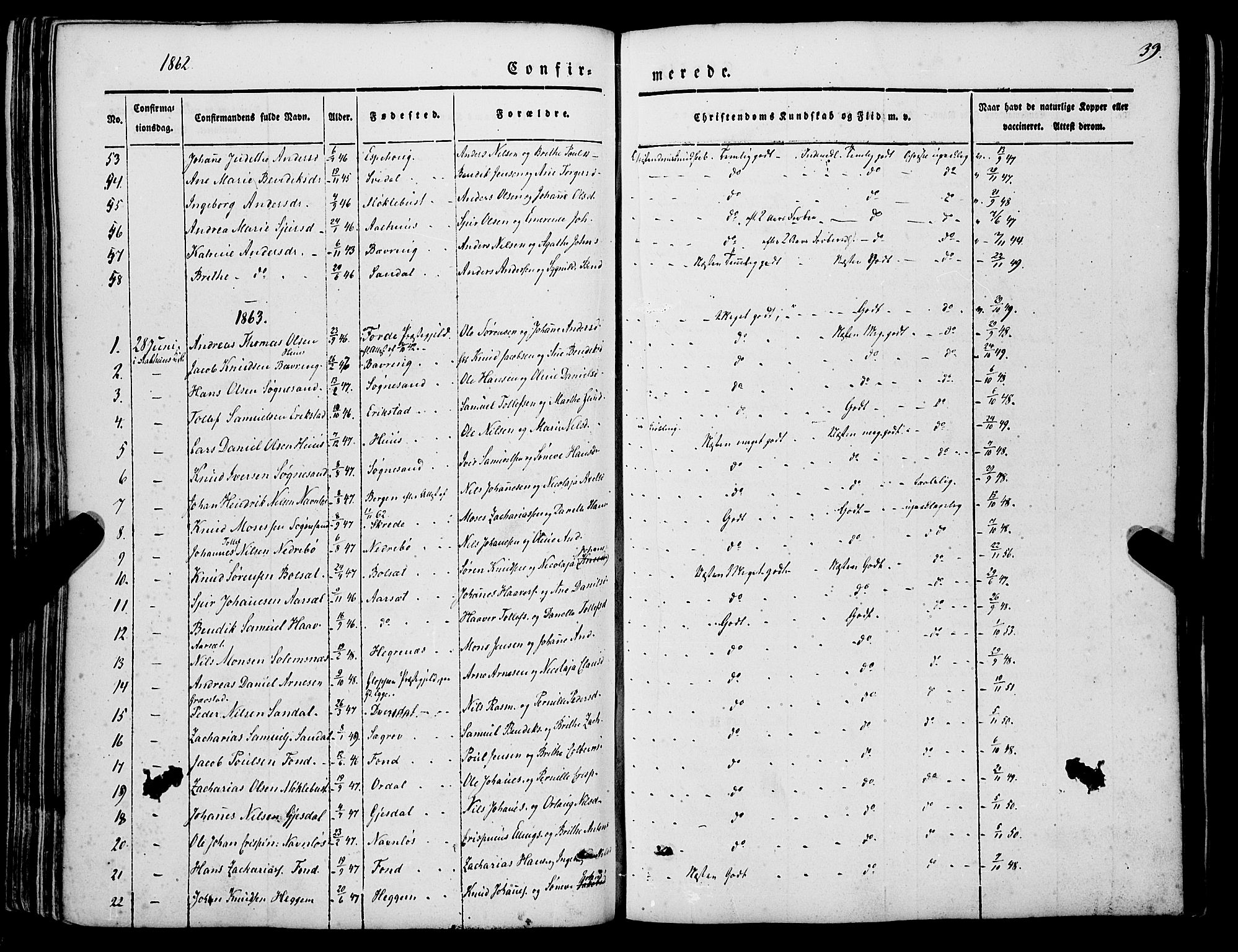 Jølster sokneprestembete, SAB/A-80701/H/Haa/Haaa/L0010: Parish register (official) no. A 10, 1847-1865, p. 39