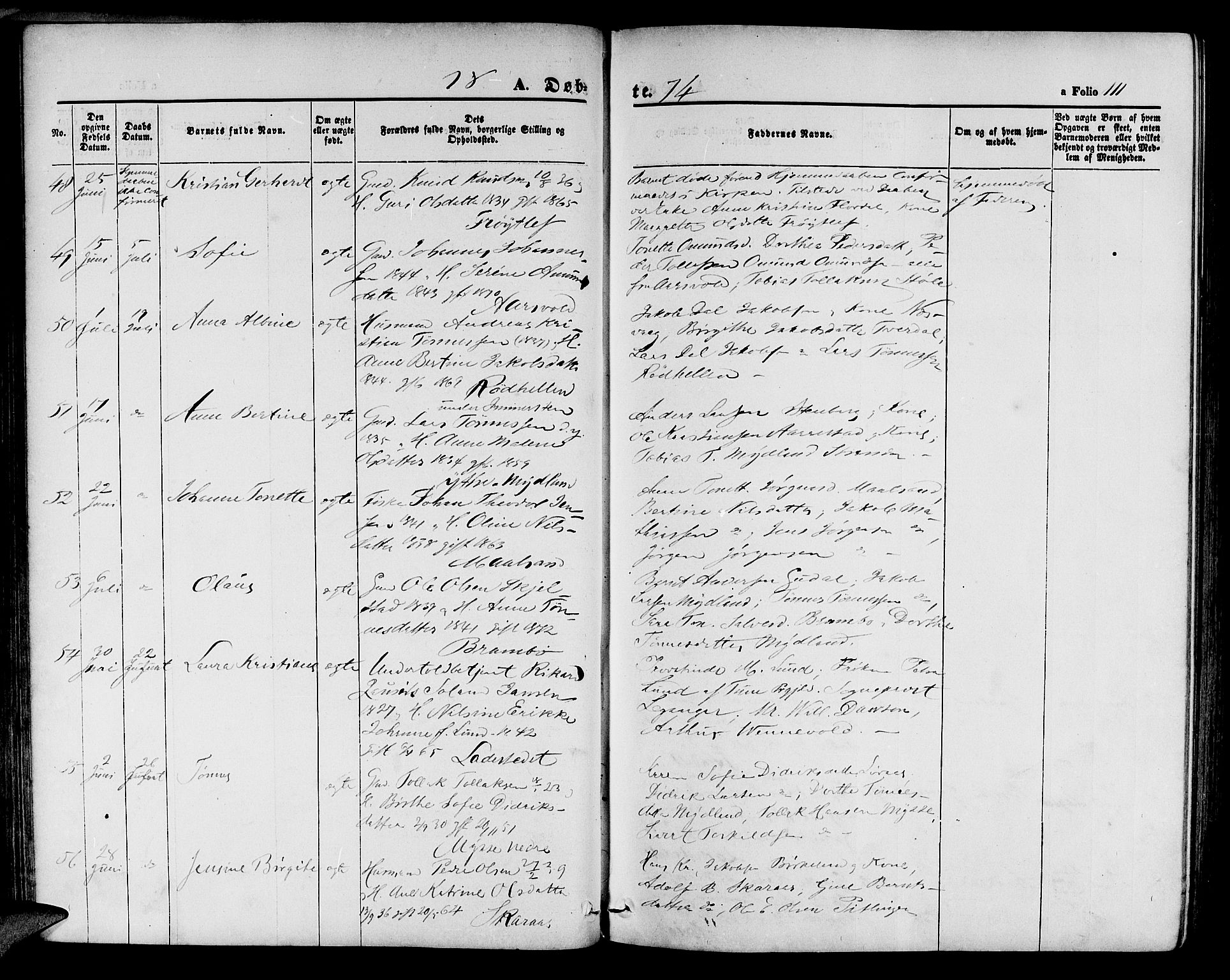 Sokndal sokneprestkontor, AV/SAST-A-101808: Parish register (copy) no. B 3, 1865-1879, p. 111