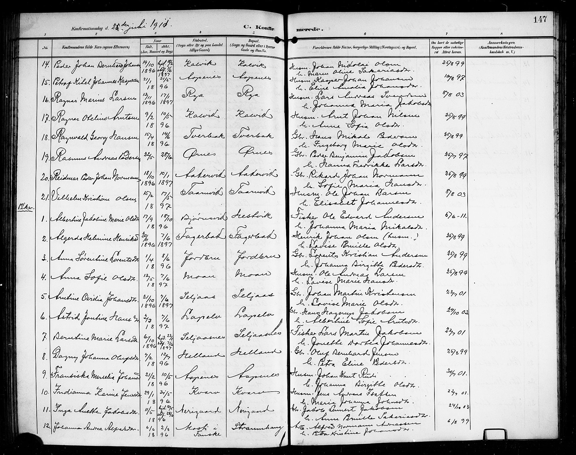 Ministerialprotokoller, klokkerbøker og fødselsregistre - Nordland, AV/SAT-A-1459/854/L0786: Parish register (copy) no. 854C02, 1901-1912, p. 147