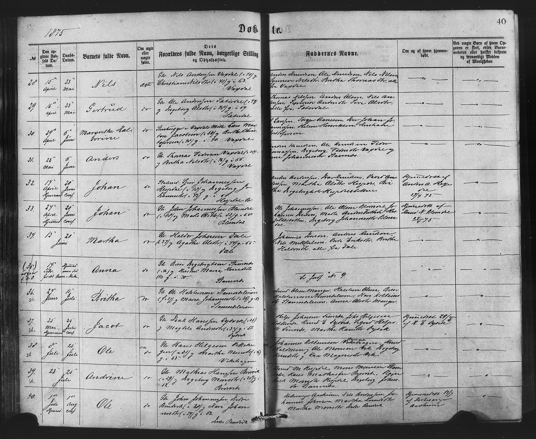 Bruvik Sokneprestembete, SAB/A-74701/H/Haa: Parish register (official) no. A 1, 1869-1877, p. 40