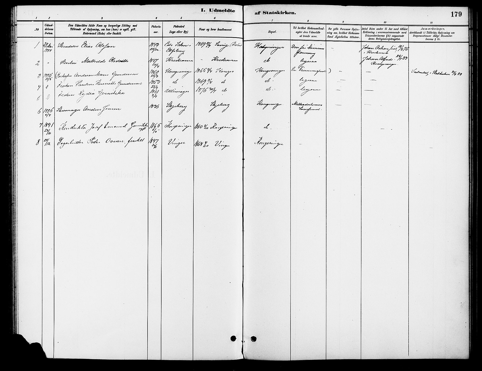 Vinger prestekontor, SAH/PREST-024/H/Ha/Haa/L0013: Parish register (official) no. 13, 1881-1897, p. 179