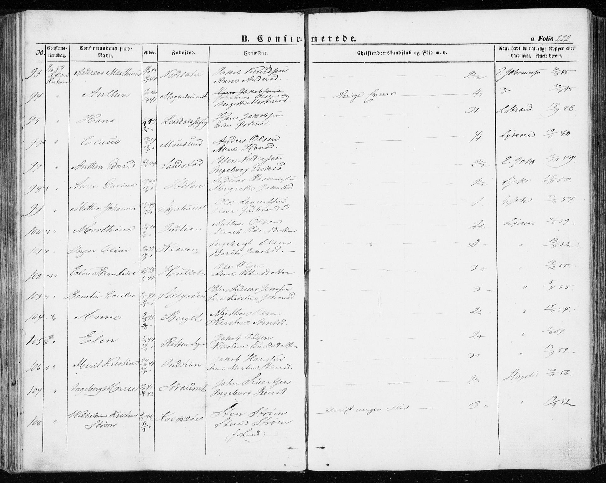 Ministerialprotokoller, klokkerbøker og fødselsregistre - Sør-Trøndelag, AV/SAT-A-1456/634/L0530: Parish register (official) no. 634A06, 1852-1860, p. 222